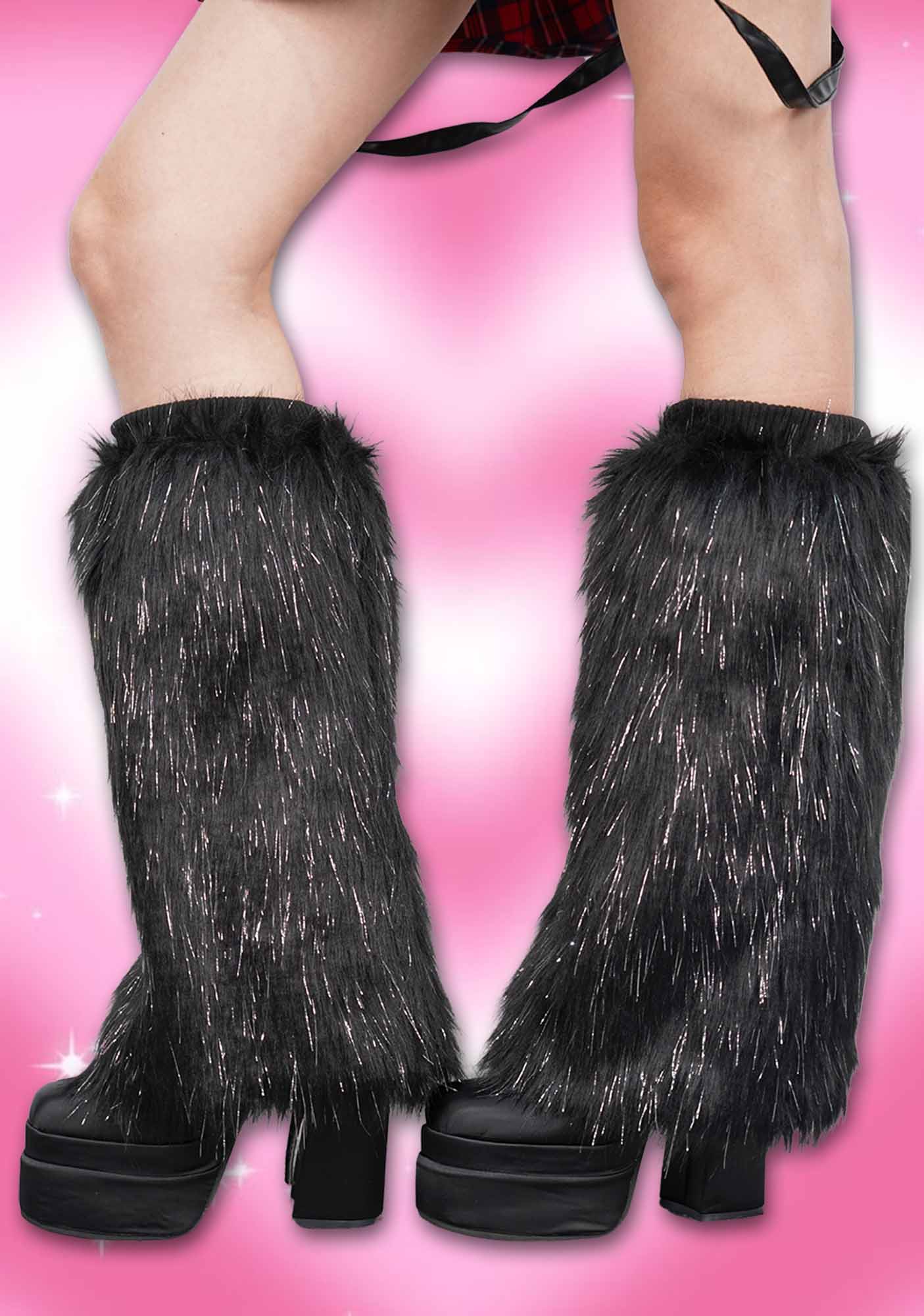 Black Silver Faux Fur Y2K Leg Warmers Cherrykitten - Image 2