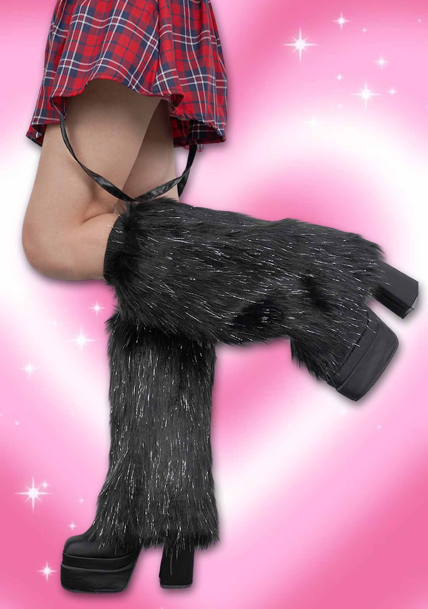 Black Silver Faux Fur Y2K Leg Warmers Cherrykitten - Image 3