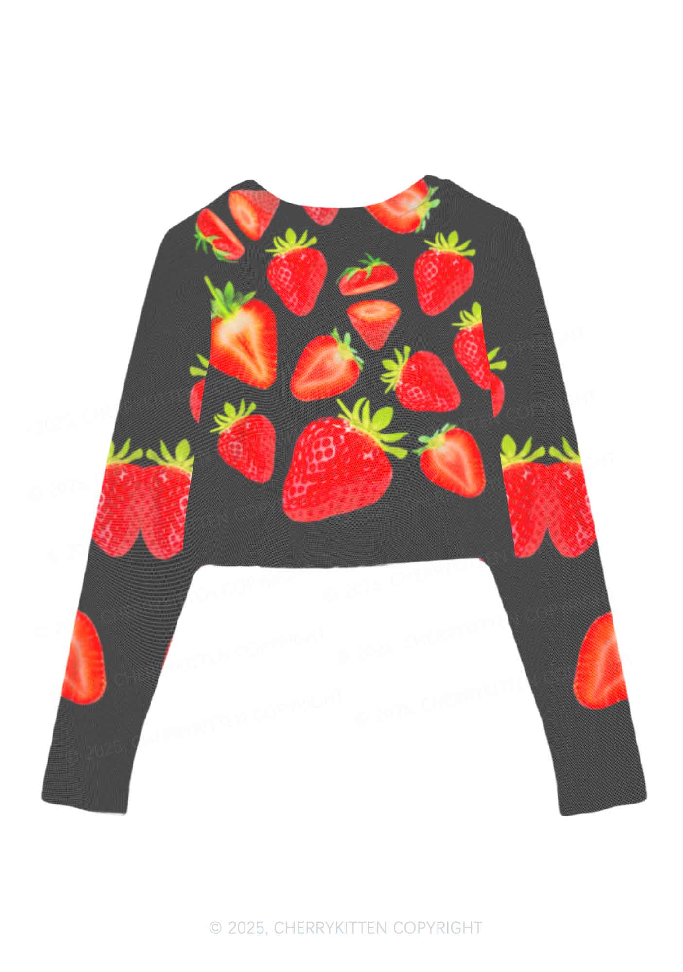Black Strawberry Y2K Mesh Long Sleeve Crop Top Cherrykitten - Image 2