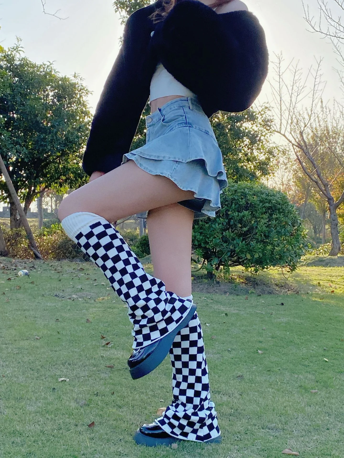 Black White Plaid Flared Leg Warmers - Image 3