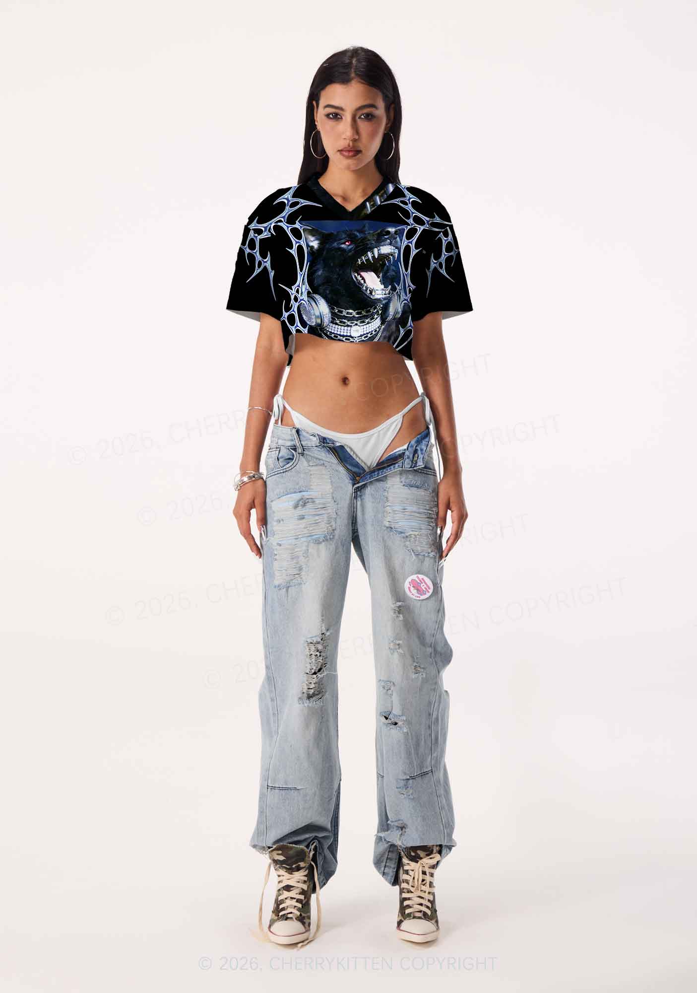 Black Wolf DJ Y2K Crop Sport Jersey Shirts Cherrykitten - Image 2