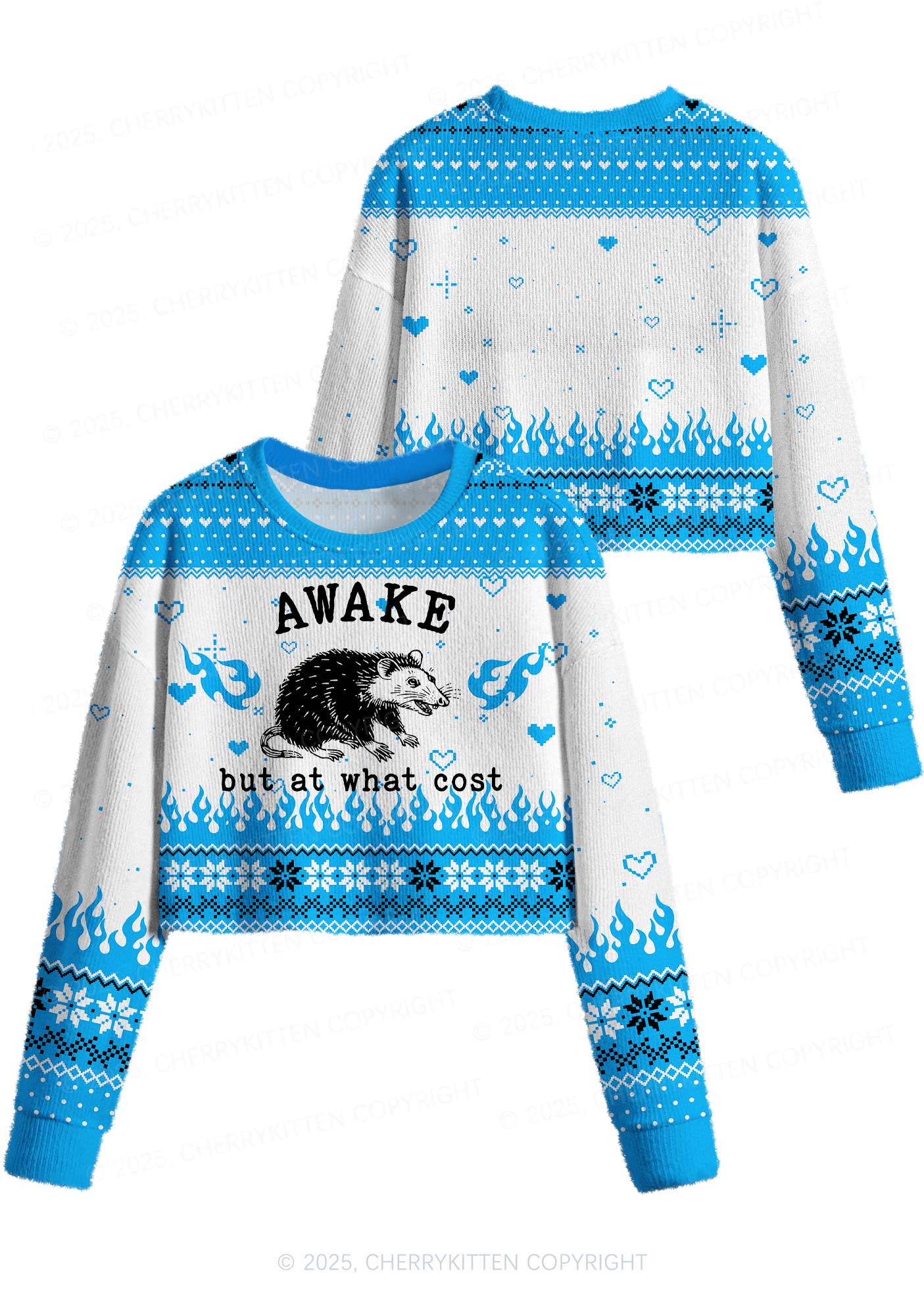 Blue Awake But What Cost Y2K Christmas Crop Knit Sweatshirt Cherrykitten - Image 3