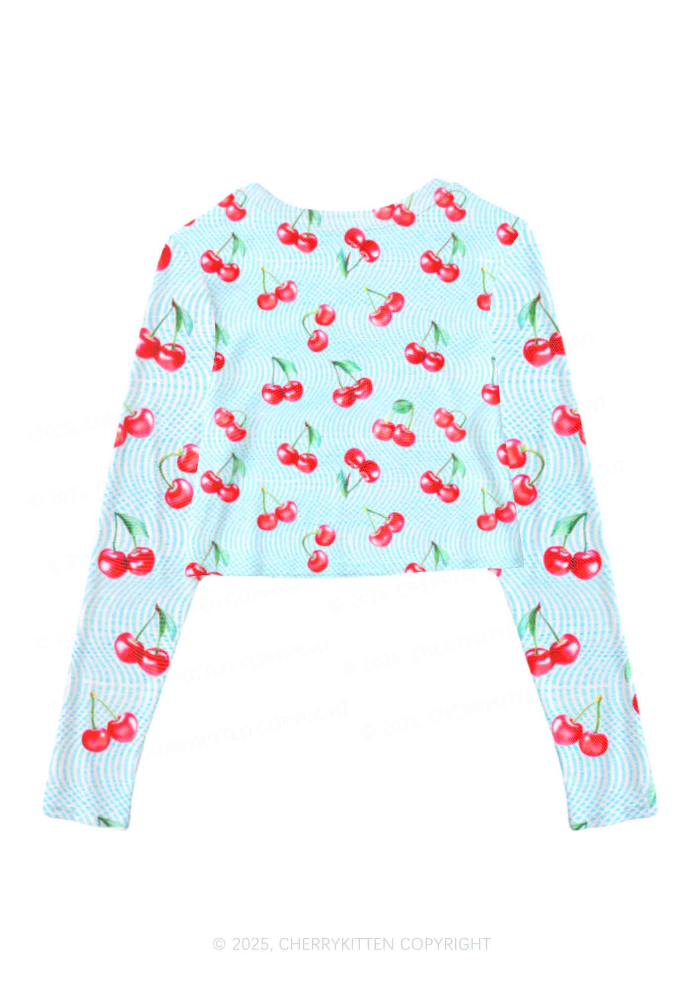 Blue Cherry Y2K Mesh Long Sleeve Crop Top Cherrykitten - Image 2