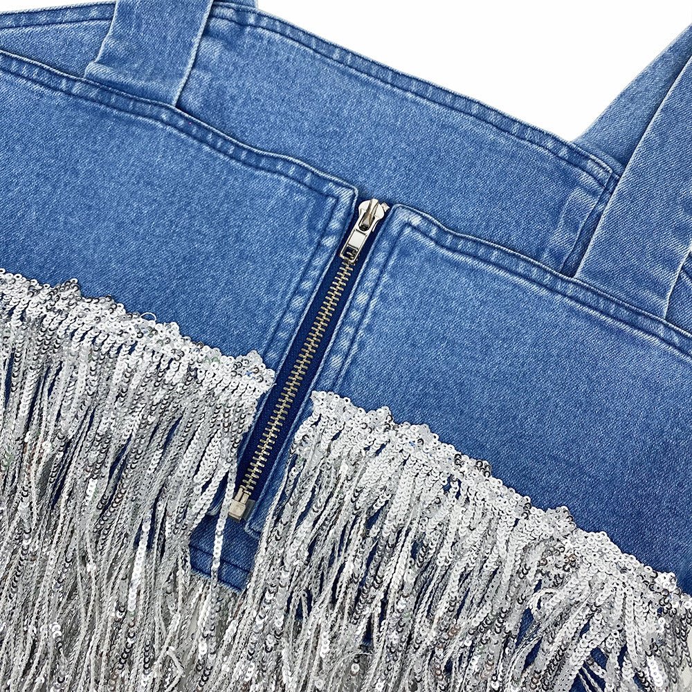 Denim Fringed Sequin Corset Top - Image 2