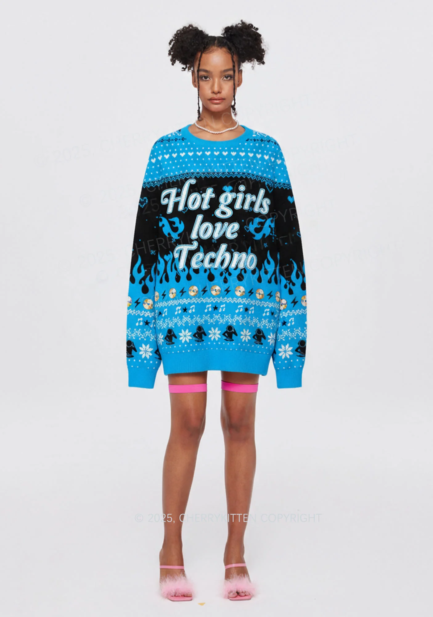Blue Hot Girls Love Techno Y2K Christmas Knit Sweatshirt Cherrykitten - Image 2