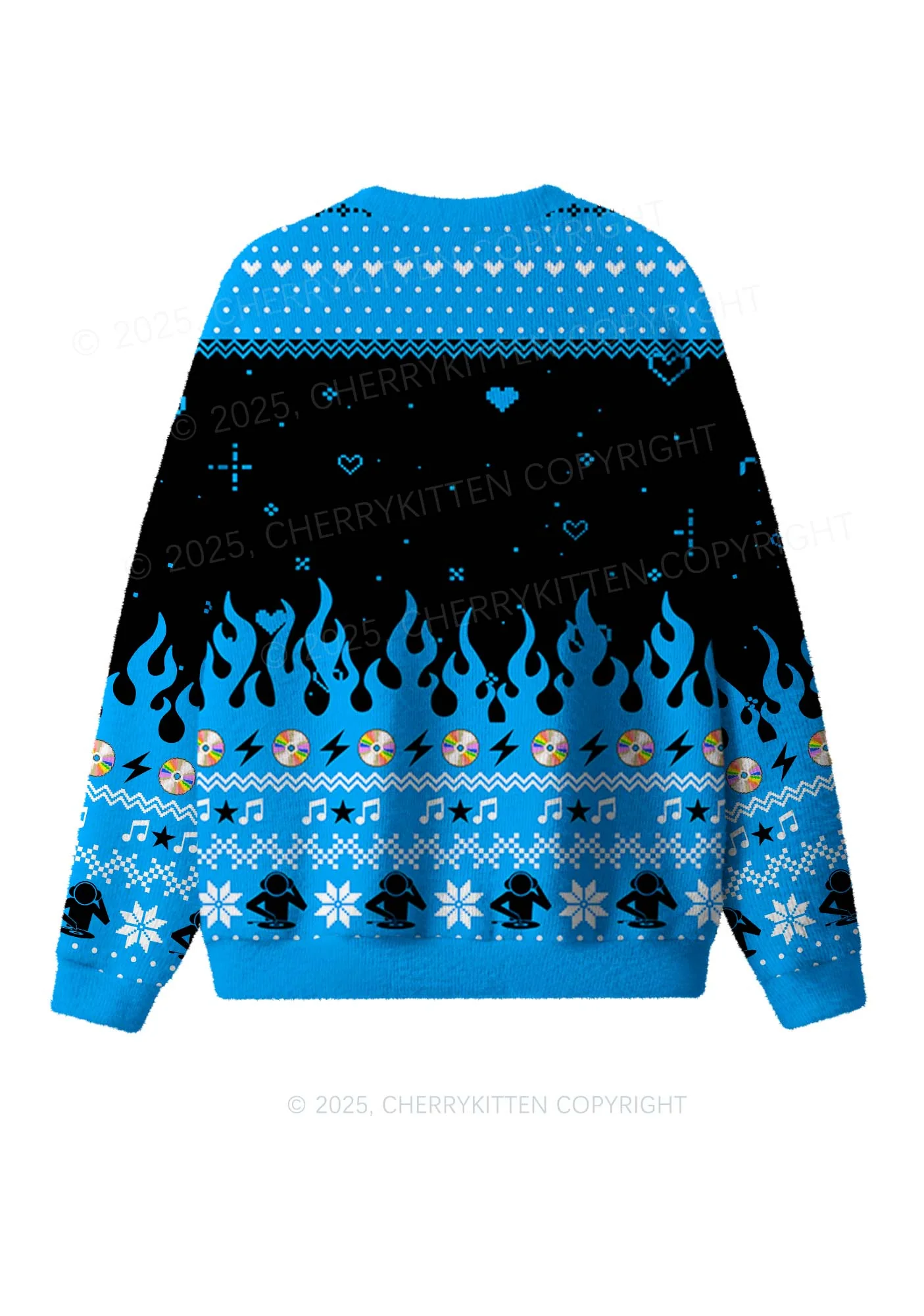 Blue Hot Girls Love Techno Y2K Christmas Knit Sweatshirt Cherrykitten - Image 3