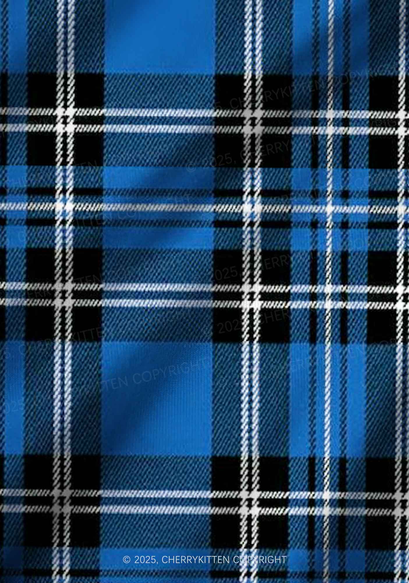 Blue Plaid Y2K Print Long Sleeve Pajama Set Cherrykitten - Image 6