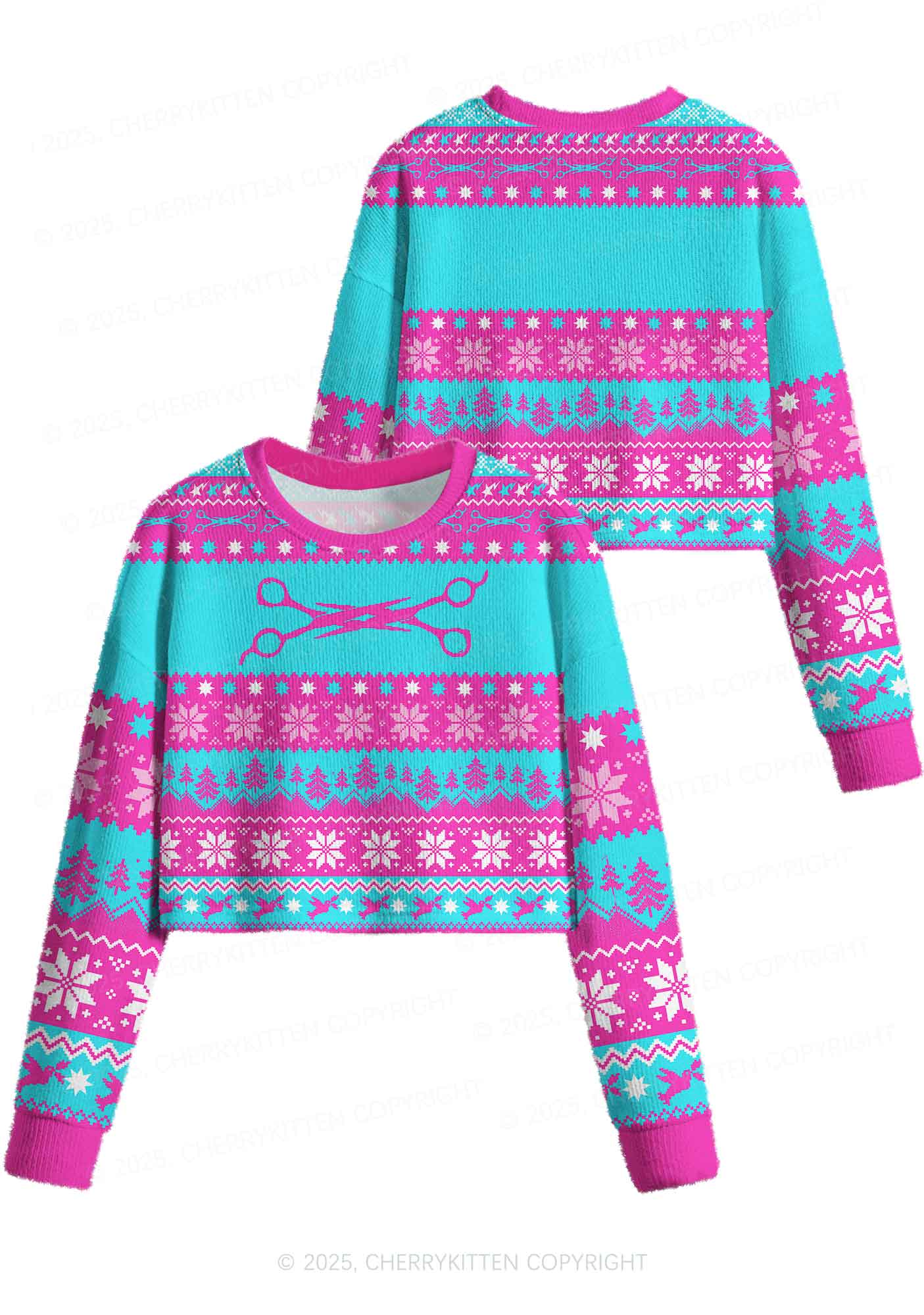 Blue Scissor Pride Y2K Christmas Crop Knit Sweatshirt Cherrykitten - Image 3