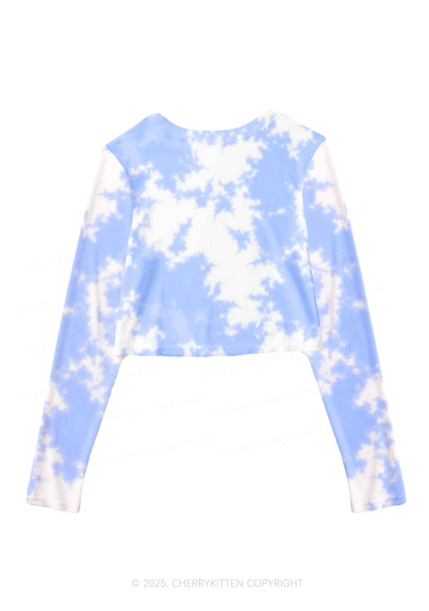 Blue Sky White Clouds Y2K Mesh Long Sleeve Crop Top Cherrykitten - Image 2