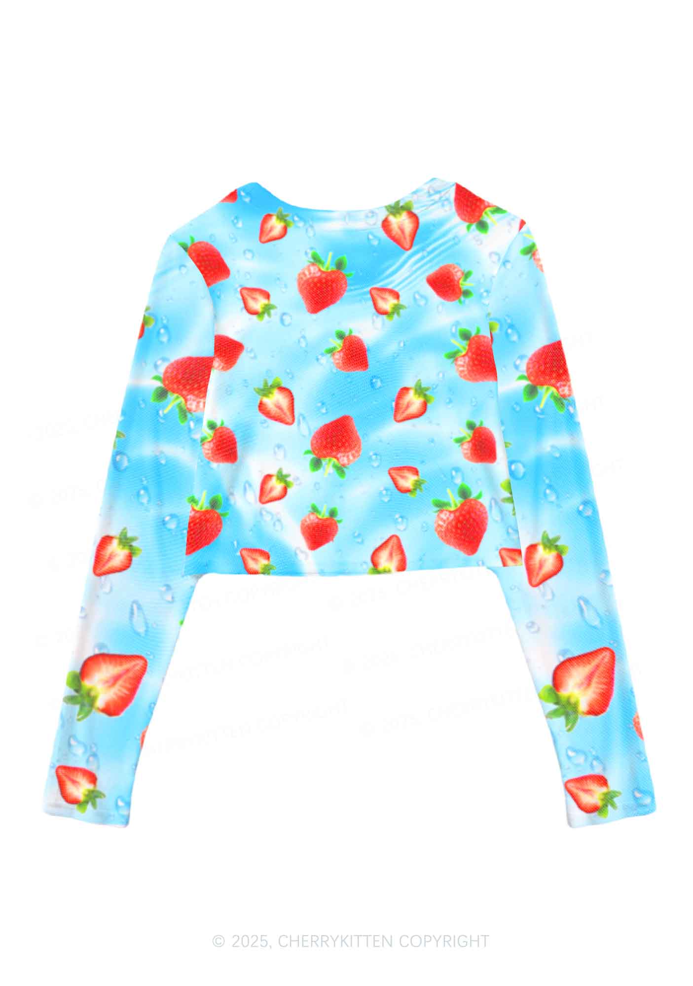 Blue Strawberry Y2K Mesh Long Sleeve Crop Top Cherrykitten - Image 3