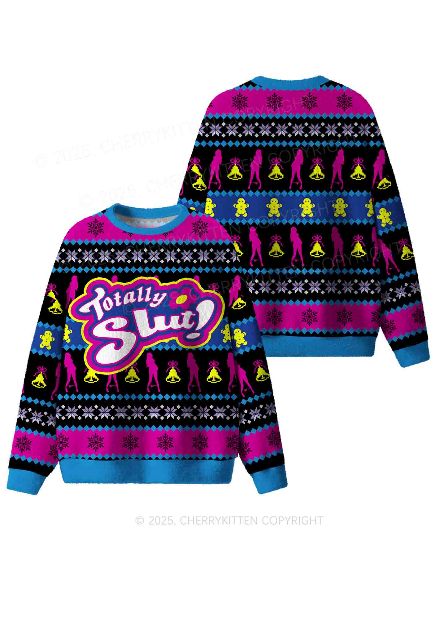 Blue Totally Slxt Y2K Christmas Knit Sweatshirt Cherrykitten - Image 3