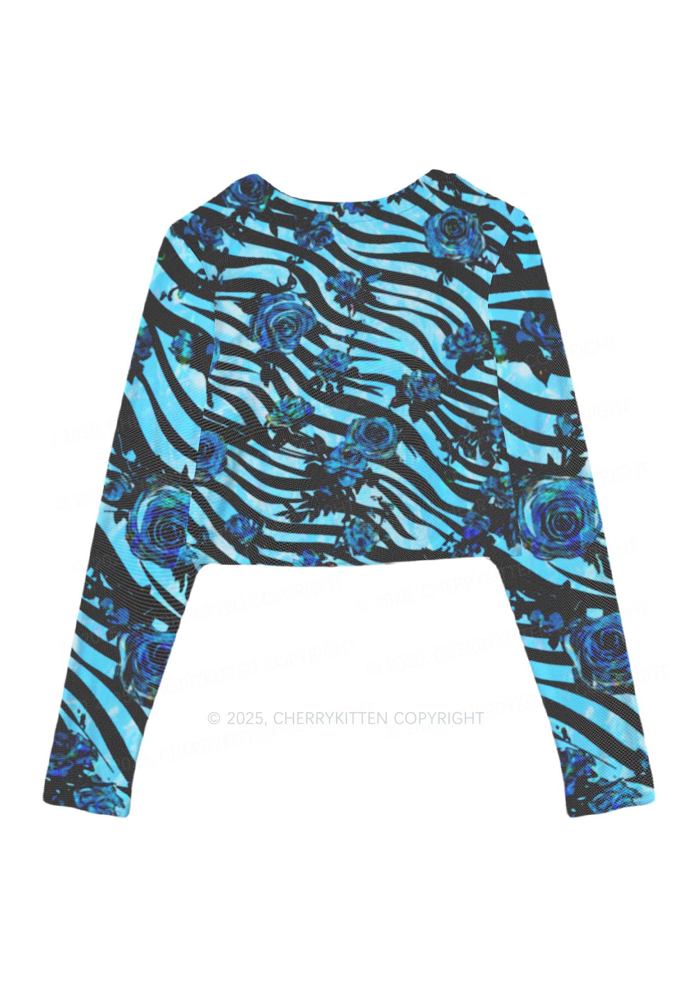Blue Zebra Roses Y2K Mesh Long Sleeve Crop Top Cherrykitten - Image 3