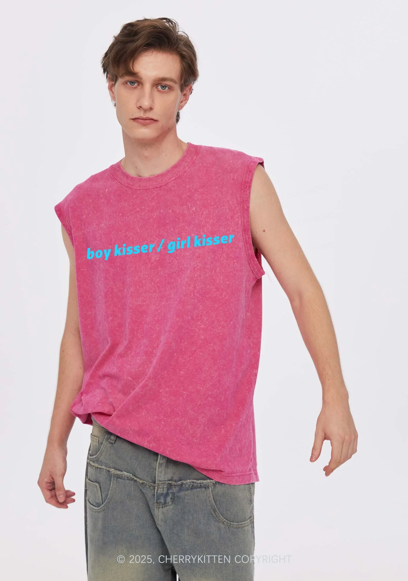 Boy Kisser Girl Kisser Pride Y2K Washed Muscle Tank Cherrykitten - Image 2