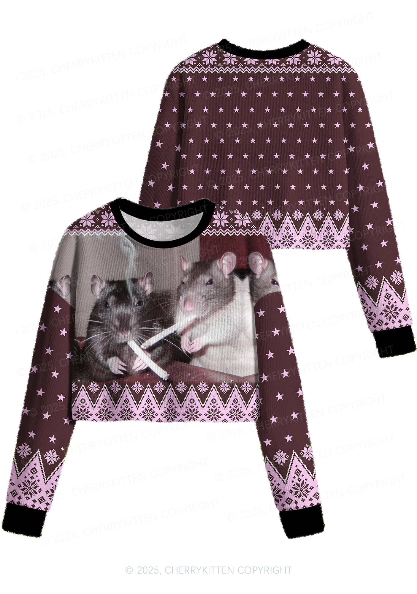Brown Smoking Rats Y2K Christmas Crop Knit Sweatshirt Cherrykitten - Image 3