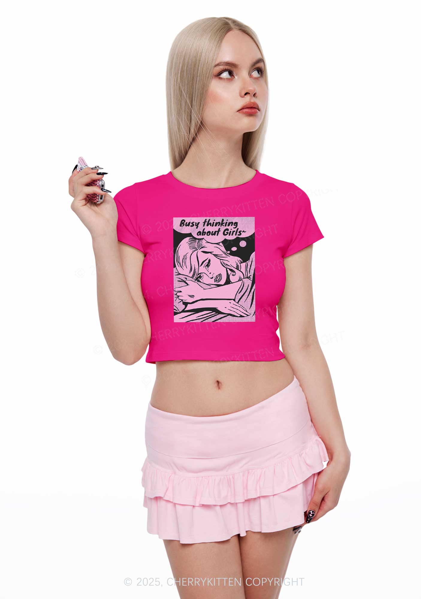 Busy Thinking About Girls Y2K Baby Tee Cherrykitten - Image 2