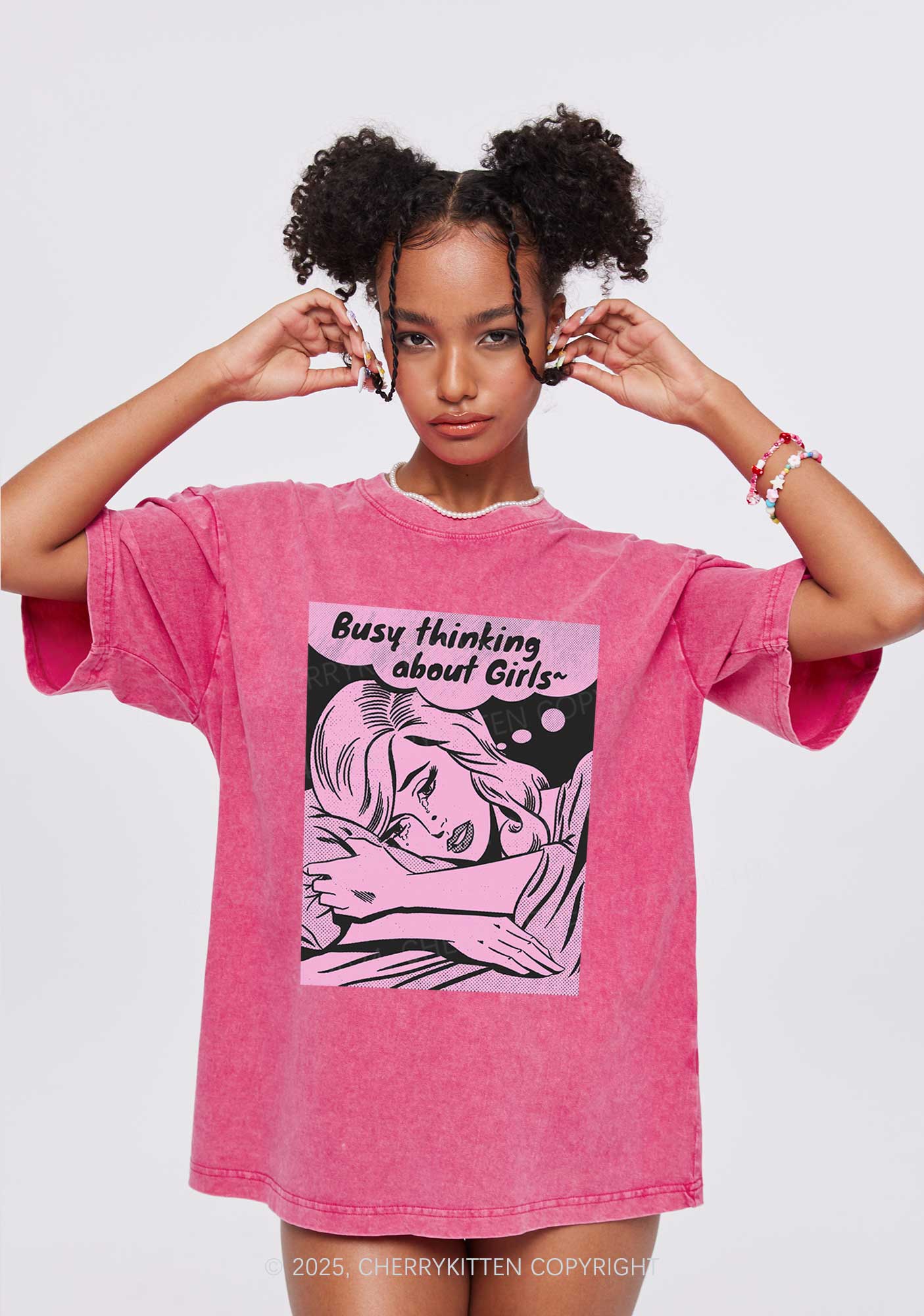 Busy Thinking About Girls Y2K Shirts Washed Tee Cherrykitten - Image 2