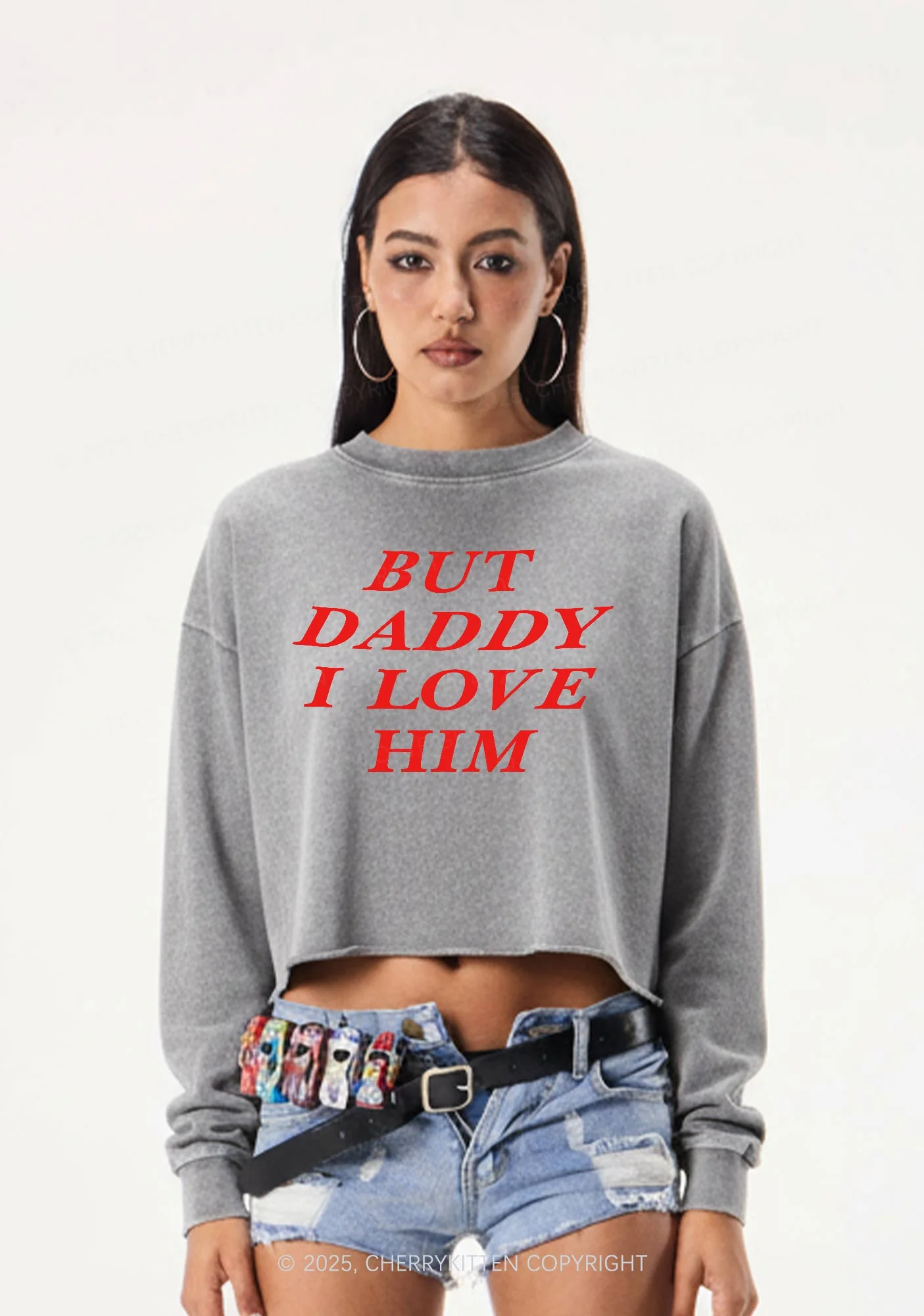 But Daddy I Love Him Y2K Crop Washed Sweatshirts Cherrykitten - Image 2