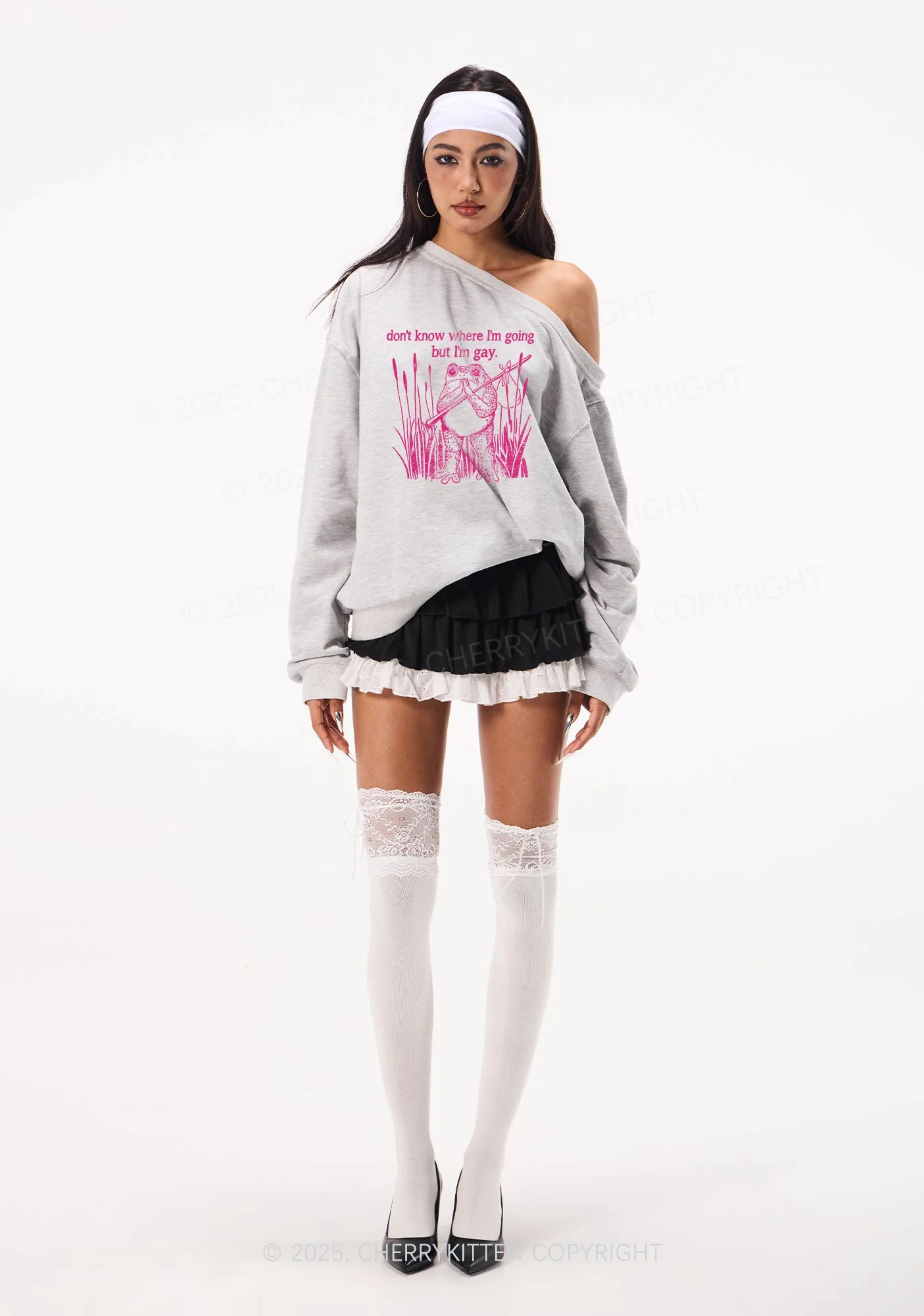 But I Am Gay Frog Pride Y2K Off Shoulder Sweatshirts Cherrykitten - Image 2