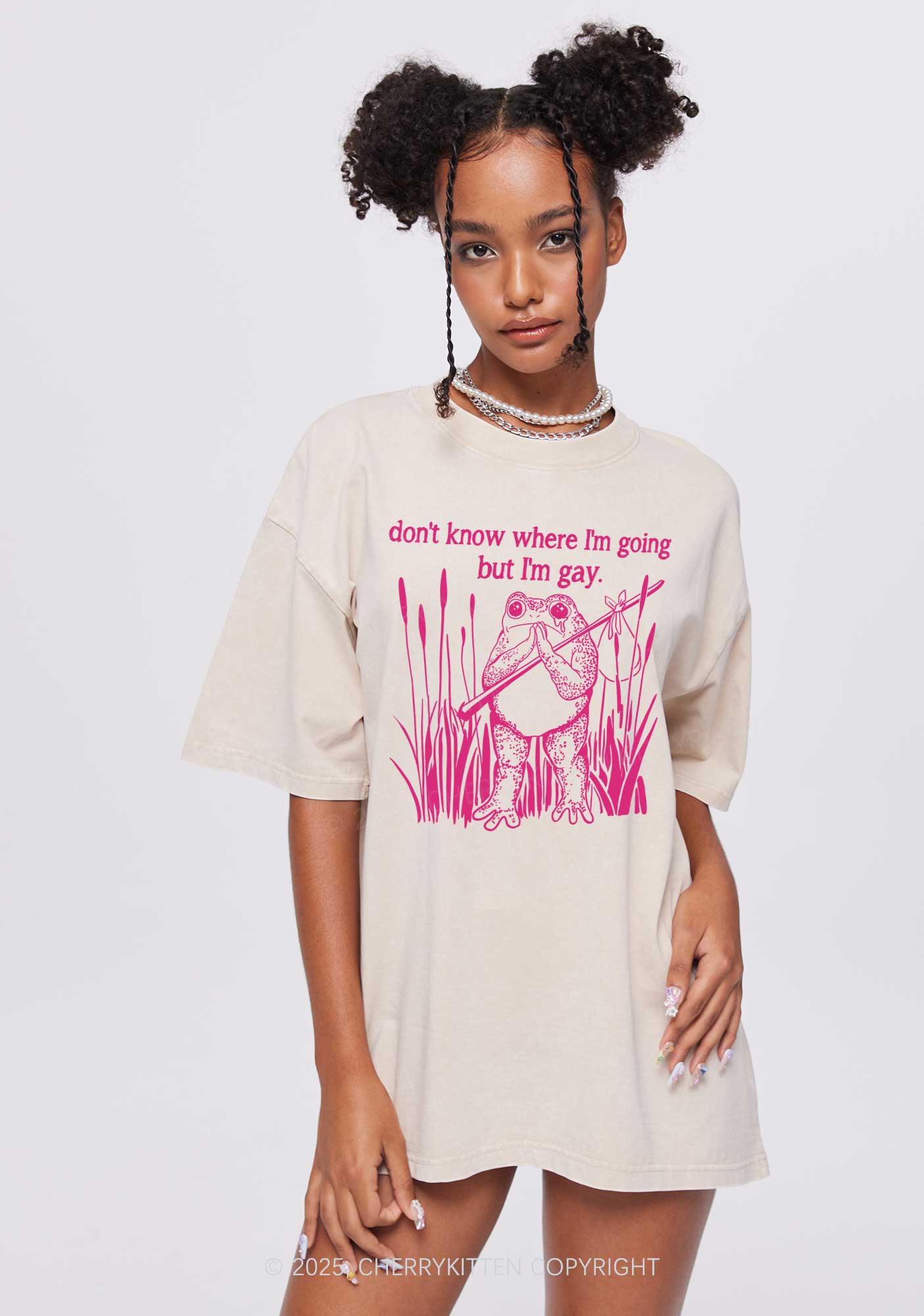 But I Am Gay Frog Pride Y2K Washed Tee Cherrykitten - Image 2