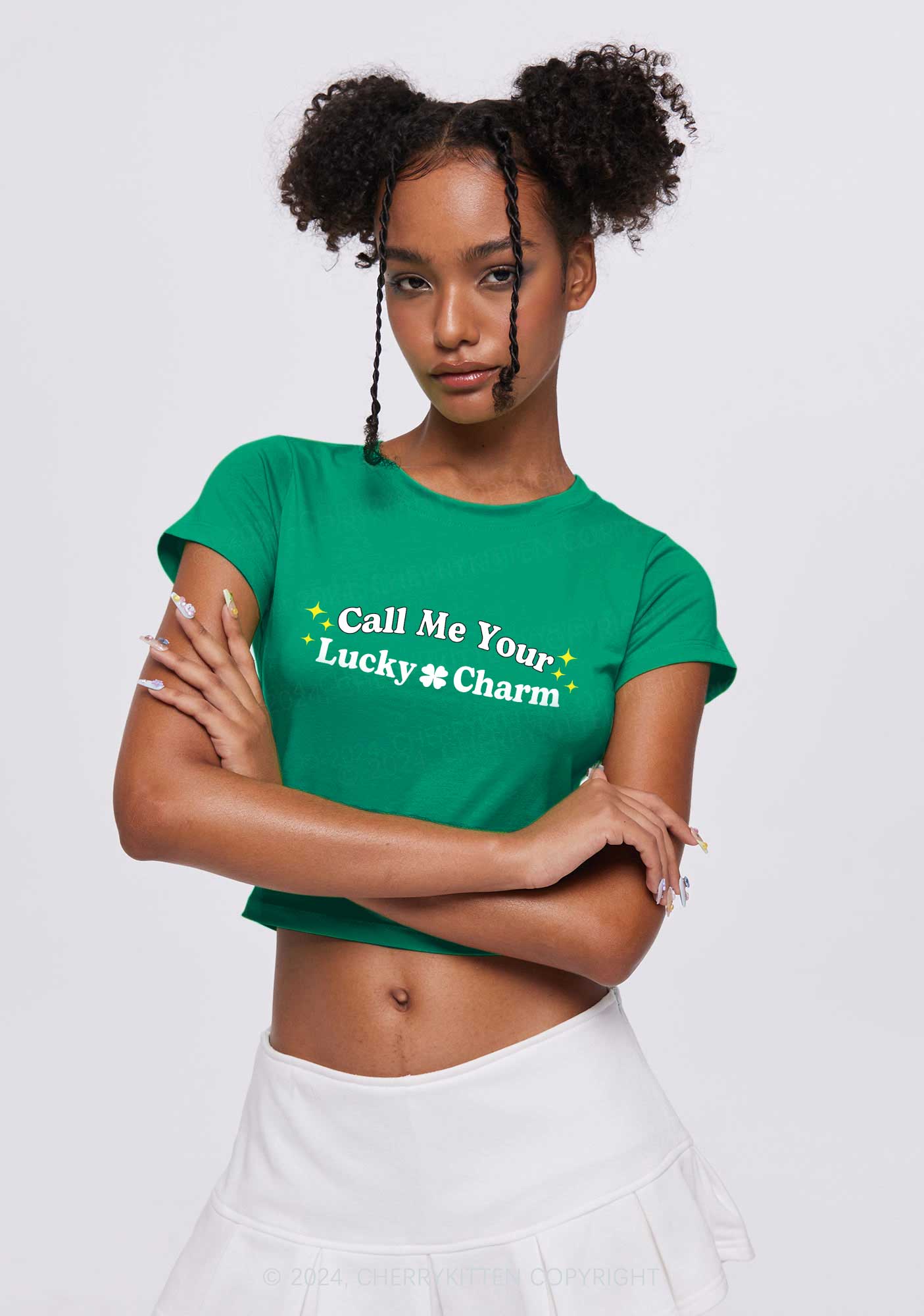 Call Me Your Lucky Charm St Patricks Y2K Baby Tee Cherrykitten - Image 2