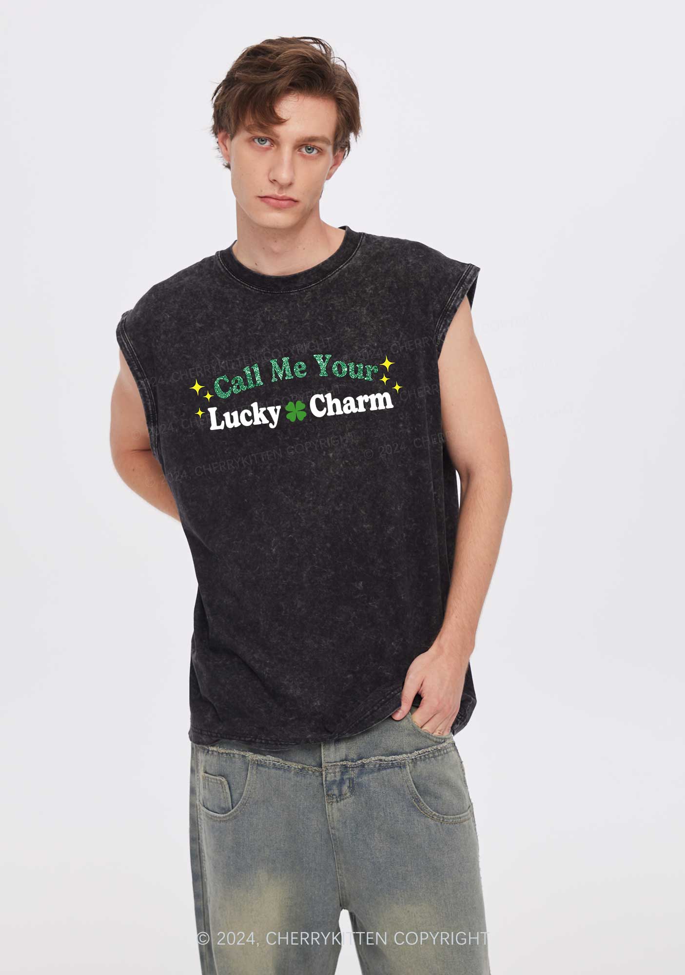 Call Me Your Lucky Charm St Patricks Y2K Washed Tank Cherrykitten - Image 2