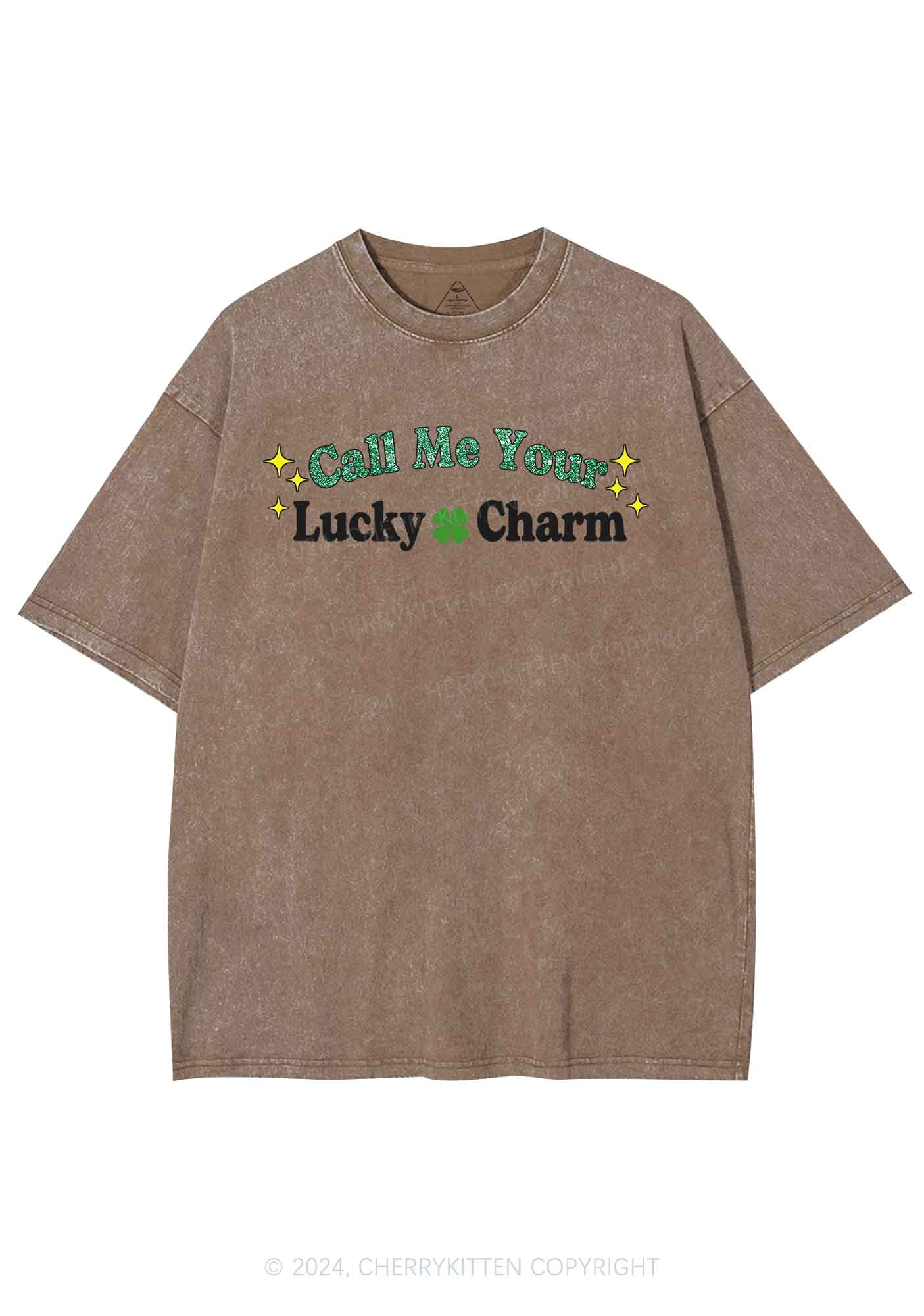Call Me Your Lucky Charm St Patricks Y2K Washed Tee Cherrykitten - Image 10