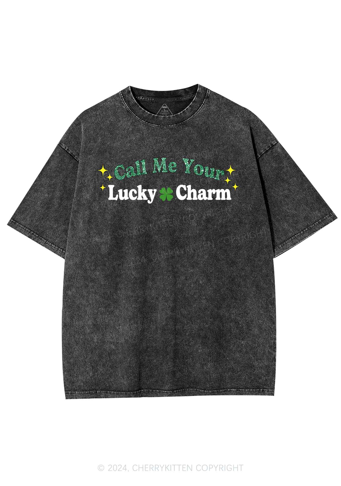 Call Me Your Lucky Charm St Patricks Y2K Washed Tee Cherrykitten - Image 5