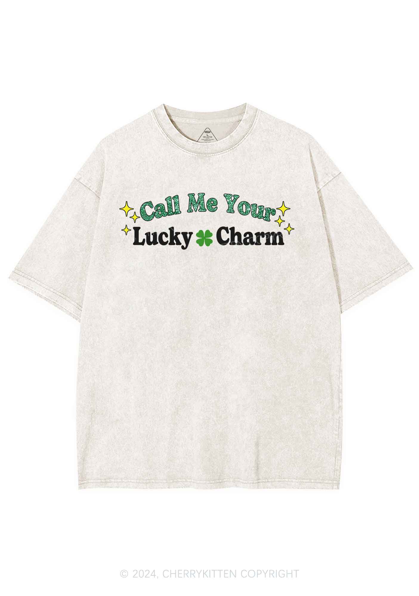 Call Me Your Lucky Charm St Patricks Y2K Washed Tee Cherrykitten - Image 7