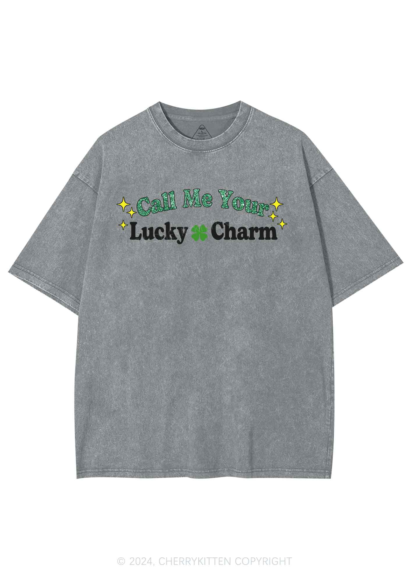 Call Me Your Lucky Charm St Patricks Y2K Washed Tee Cherrykitten - Image 9