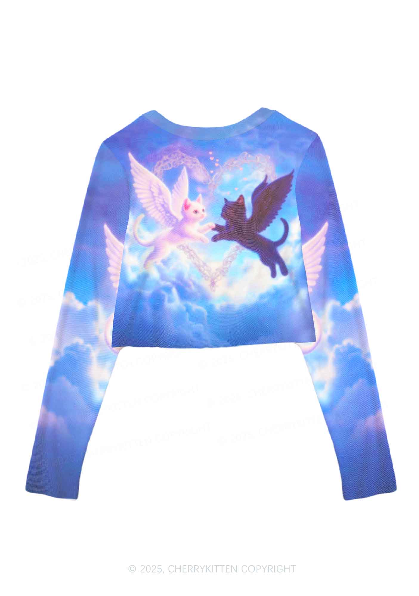 Cat Angel Y2K Mesh Long Sleeve Crop Top Cherrykitten - Image 2