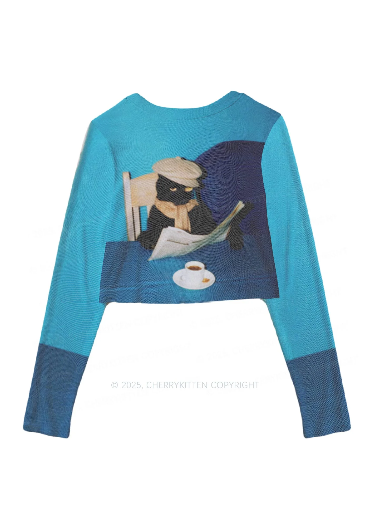 Cats Coffee Break Y2K Mesh Long Sleeve Crop Top Cherrykitten - Image 3