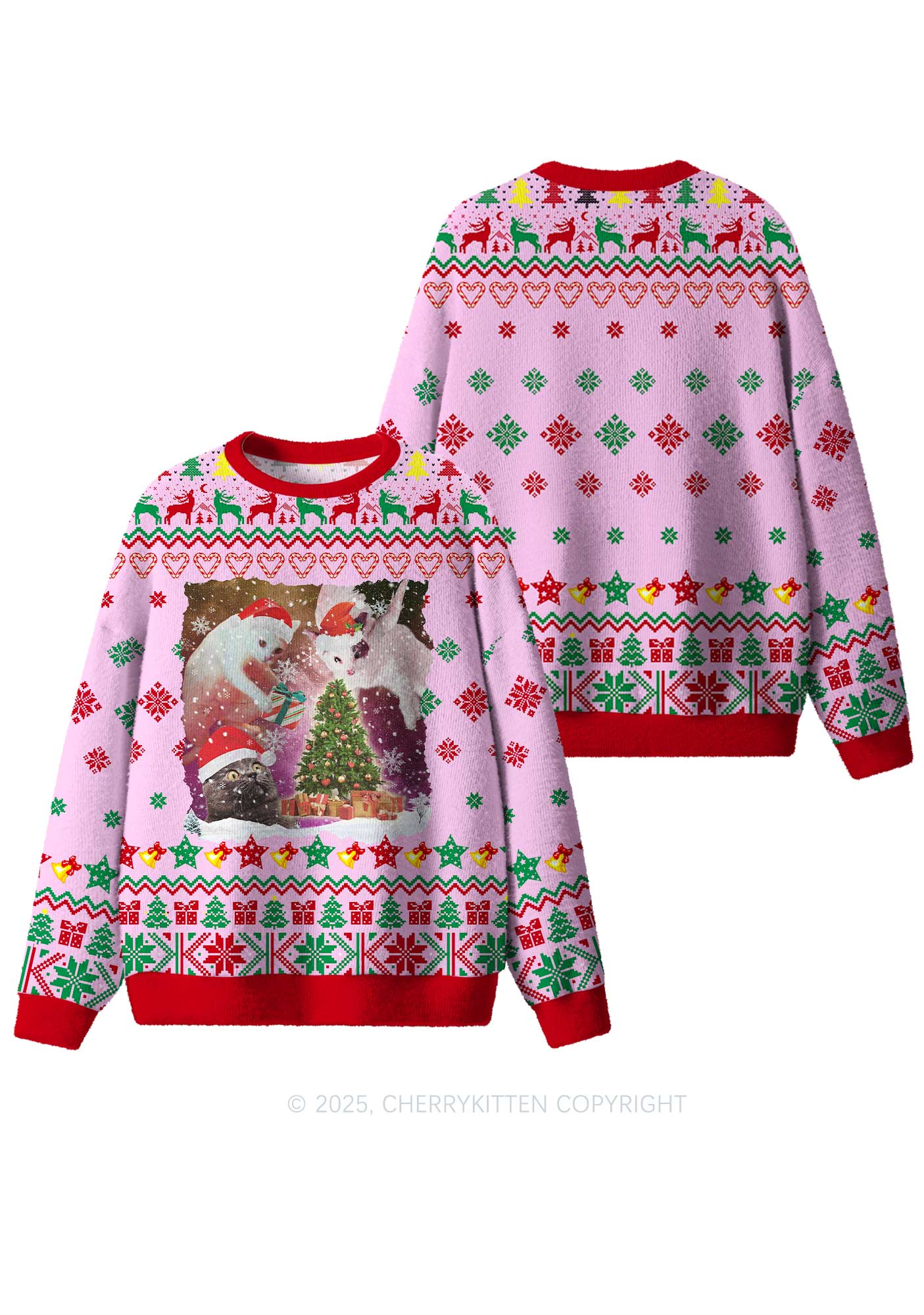 Cats Gift Y2K Christmas Knit Sweatshirt Cherrykitten - Image 3
