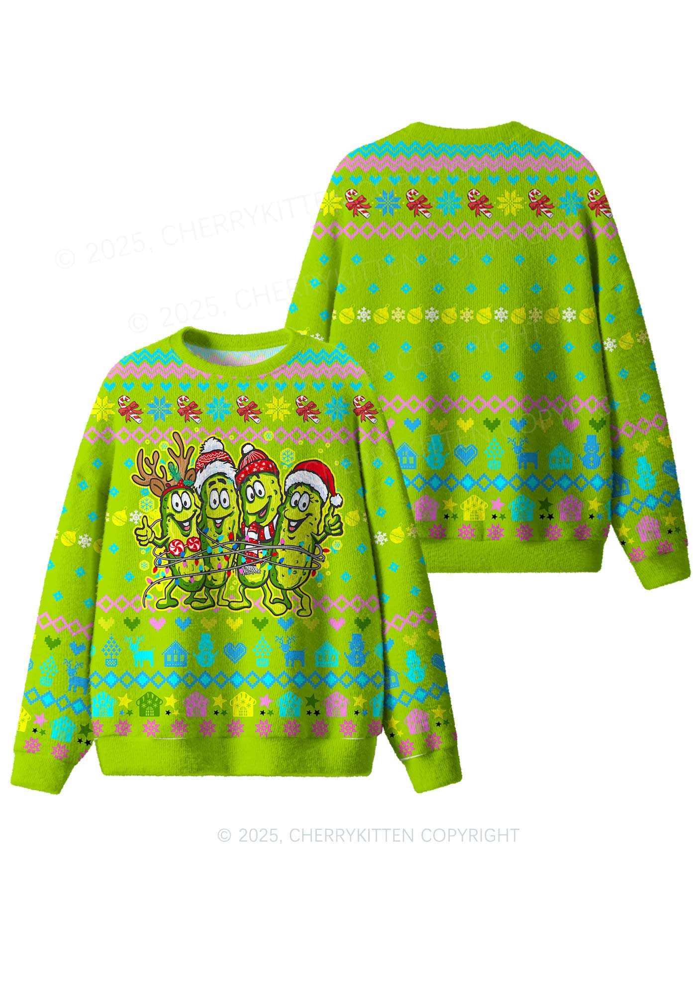 Cheerful Pickles Y2K Christmas Knit Sweatshirt Cherrykitten - Image 3