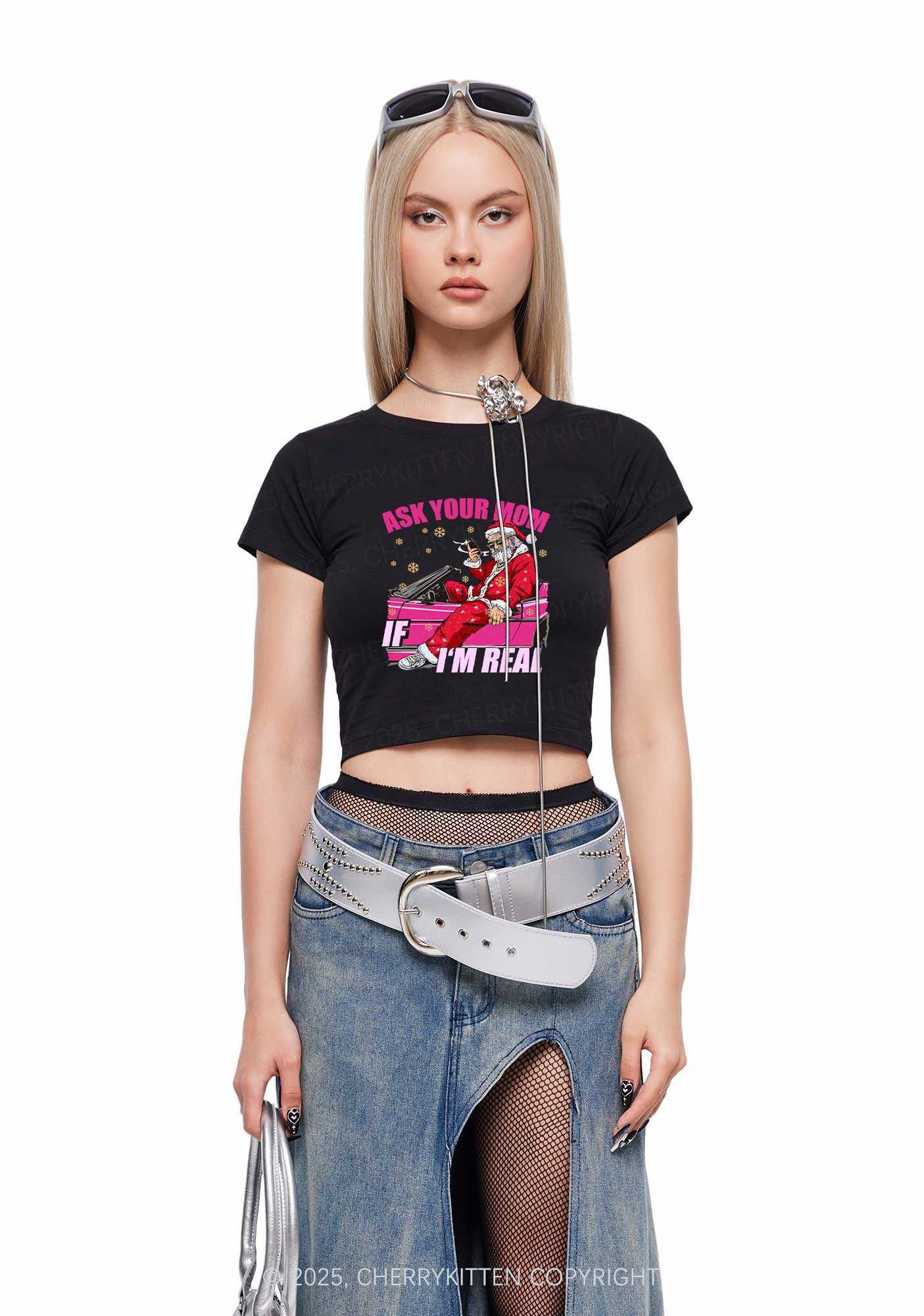 Christmas Ask Your Mom Y2K Baby Tee Cherrykitten - Image 2