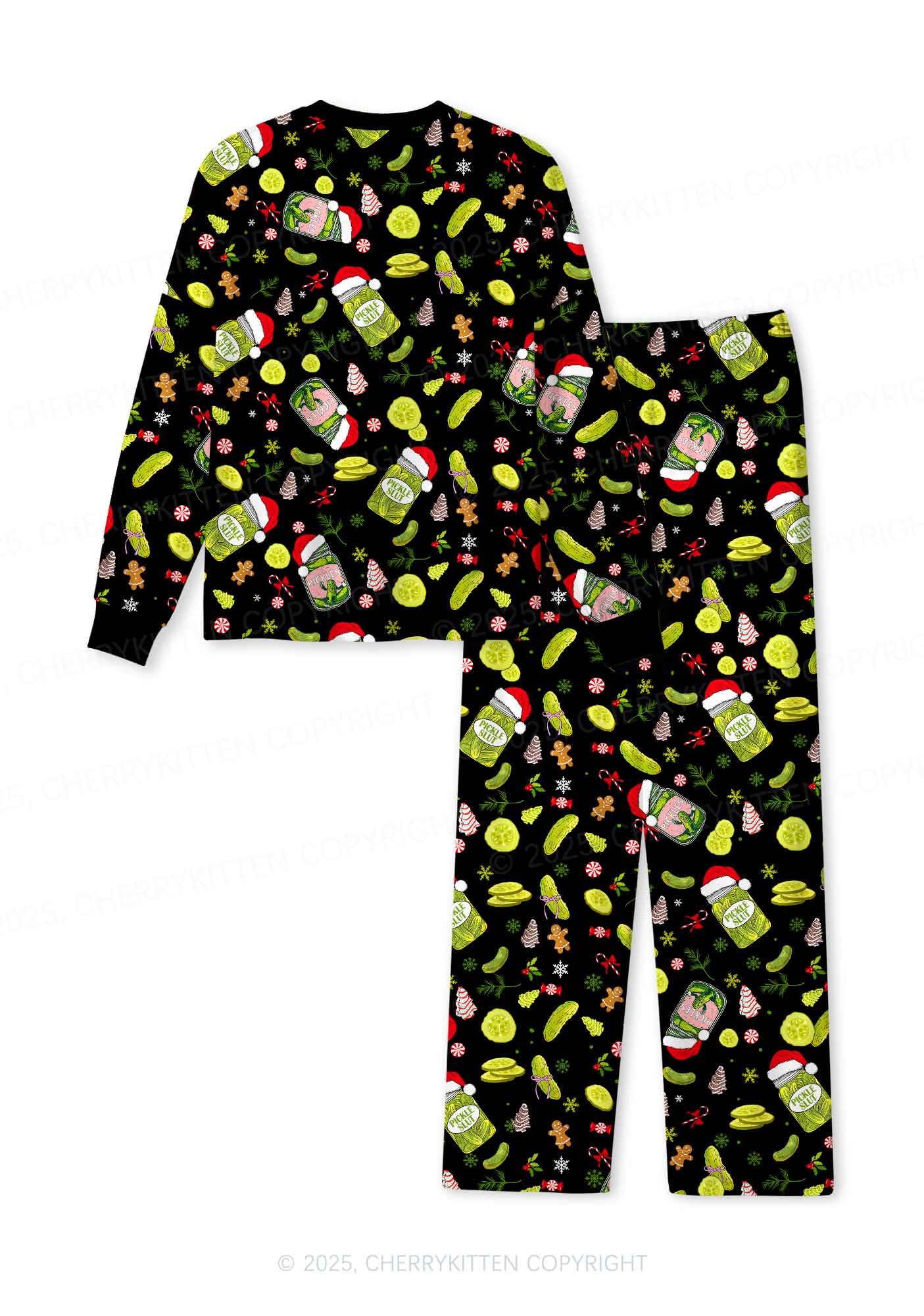 Christmas Black Pickle Y2K Print Long Sleeve Pajama Set Cherrykitten - Image 3