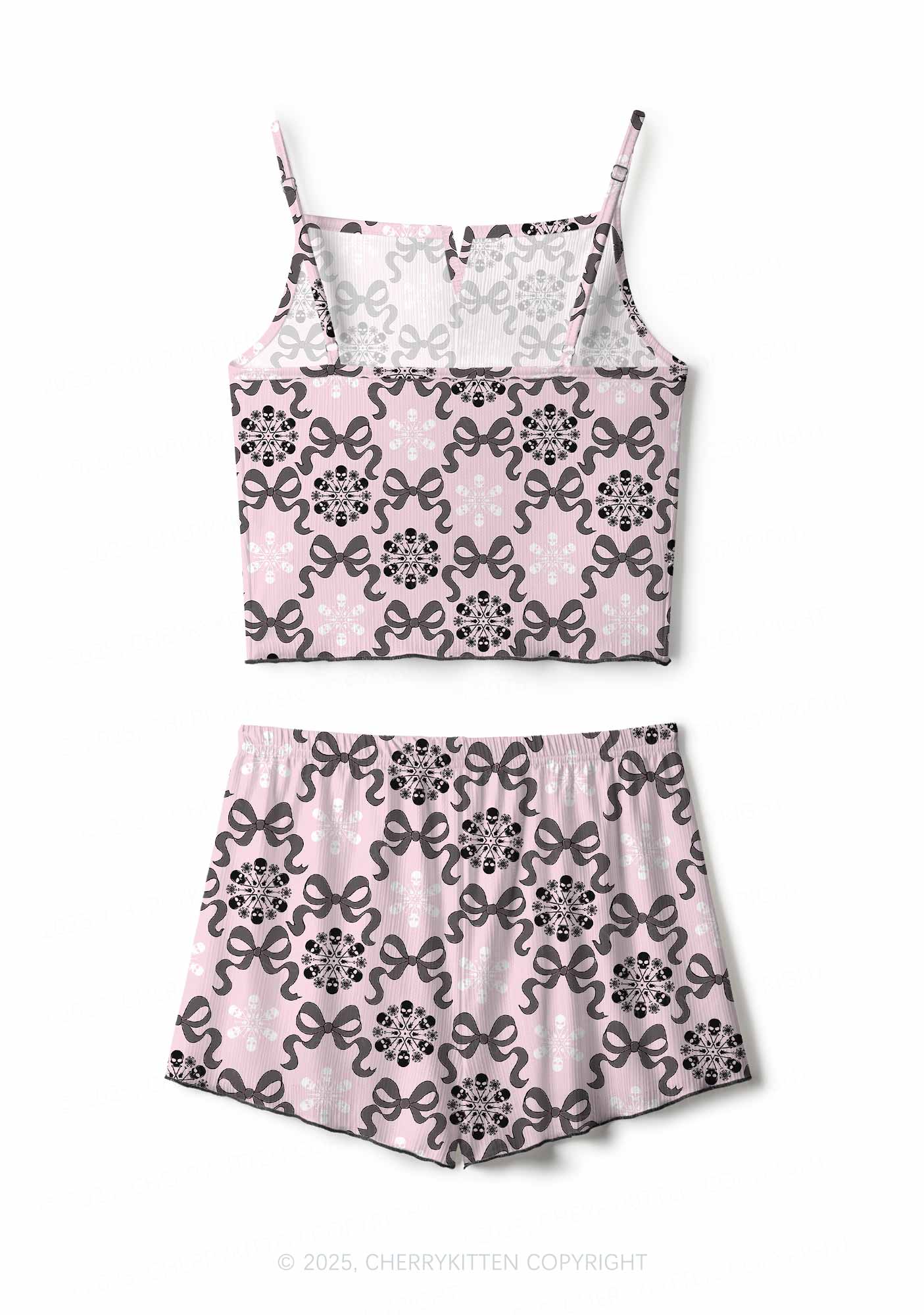 Christmas Bow Skull Snowflakes Y2K Print Cami Shorts Pajama Set Cherrykitten - Image 3