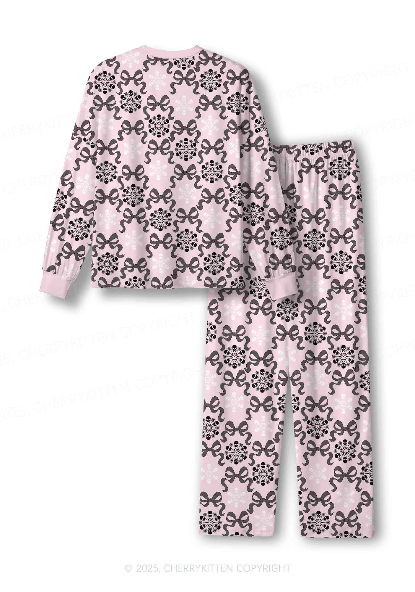 Christmas Bow Skull Snowflakes Y2K Print Long Sleeve Pajama Set Cherrykitten - Image 3