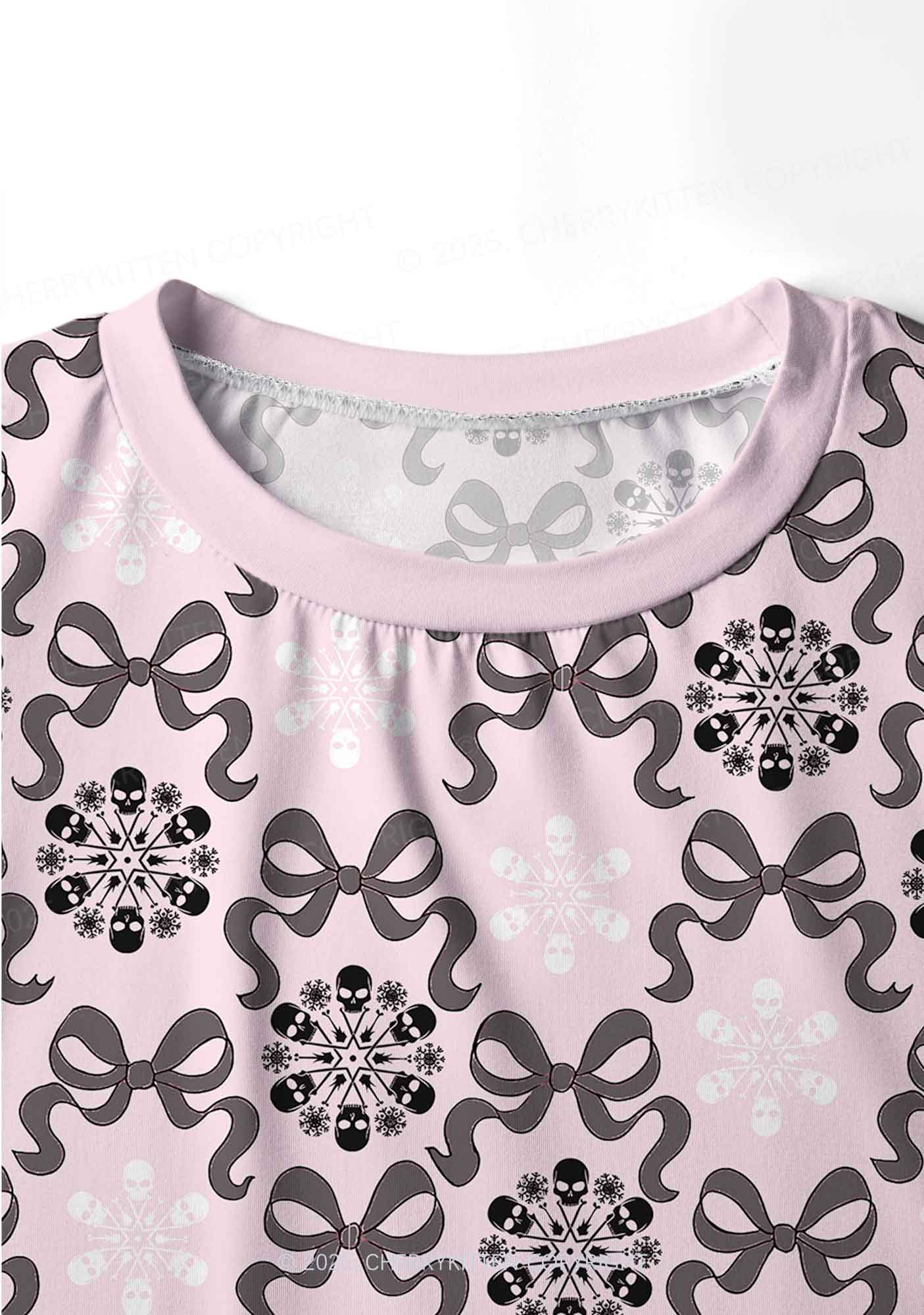 Christmas Bow Skull Snowflakes Y2K Print Long Sleeve Pajama Set Cherrykitten - Image 4