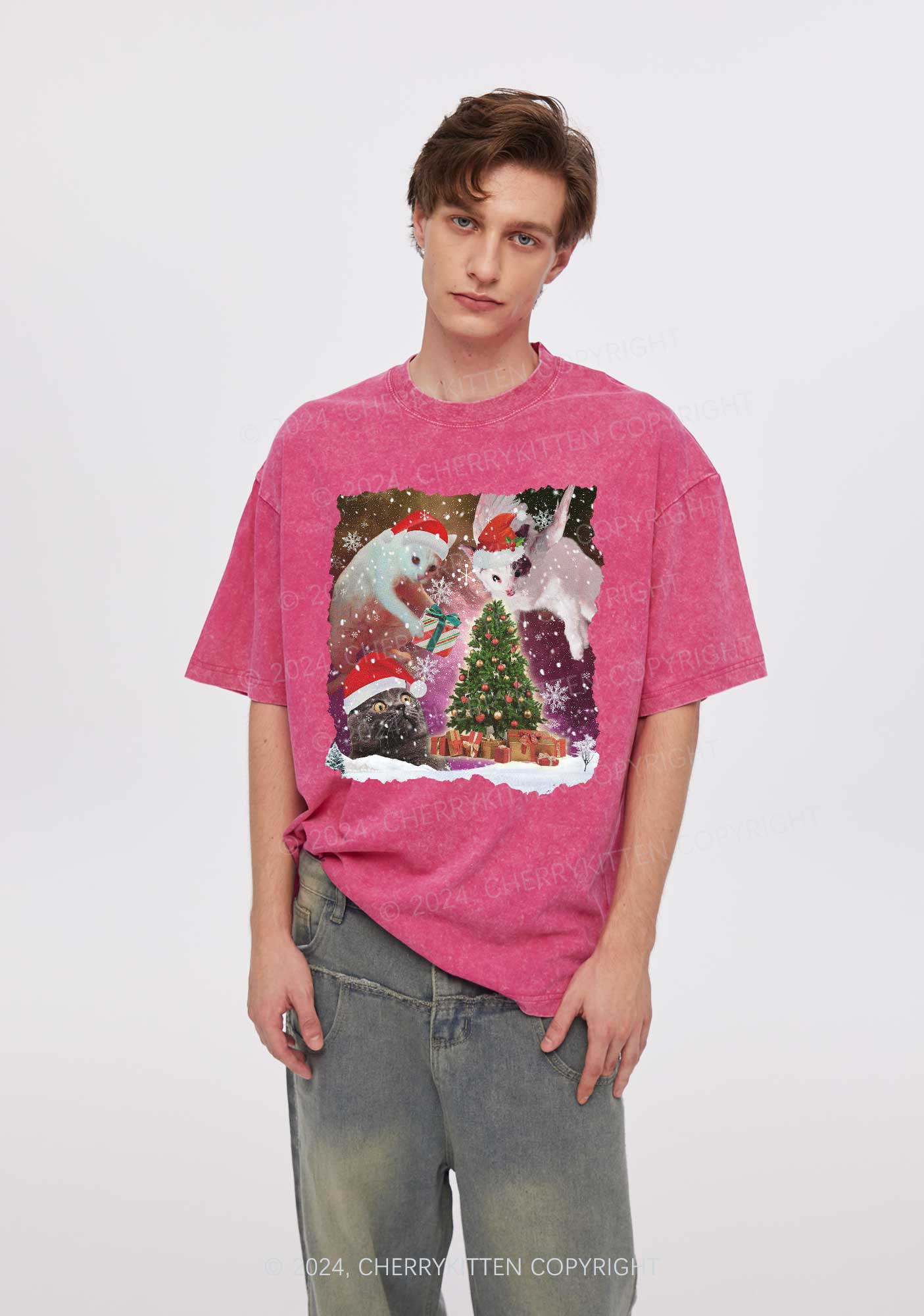 Christmas Cats Gift Y2K Washed Tee Cherrykitten - Image 2
