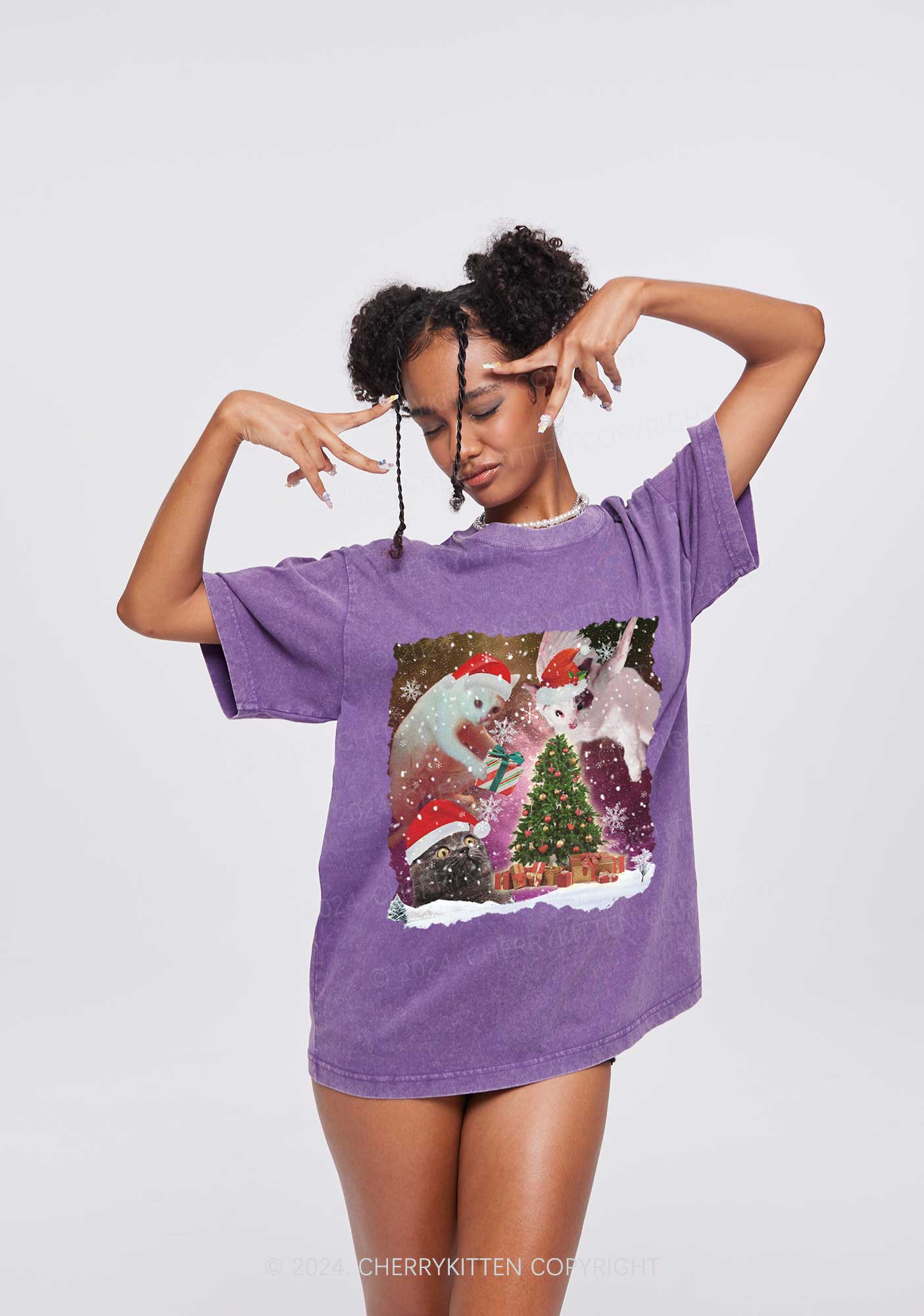 Christmas Cats Gift Y2K Washed Tee Cherrykitten - Image 3