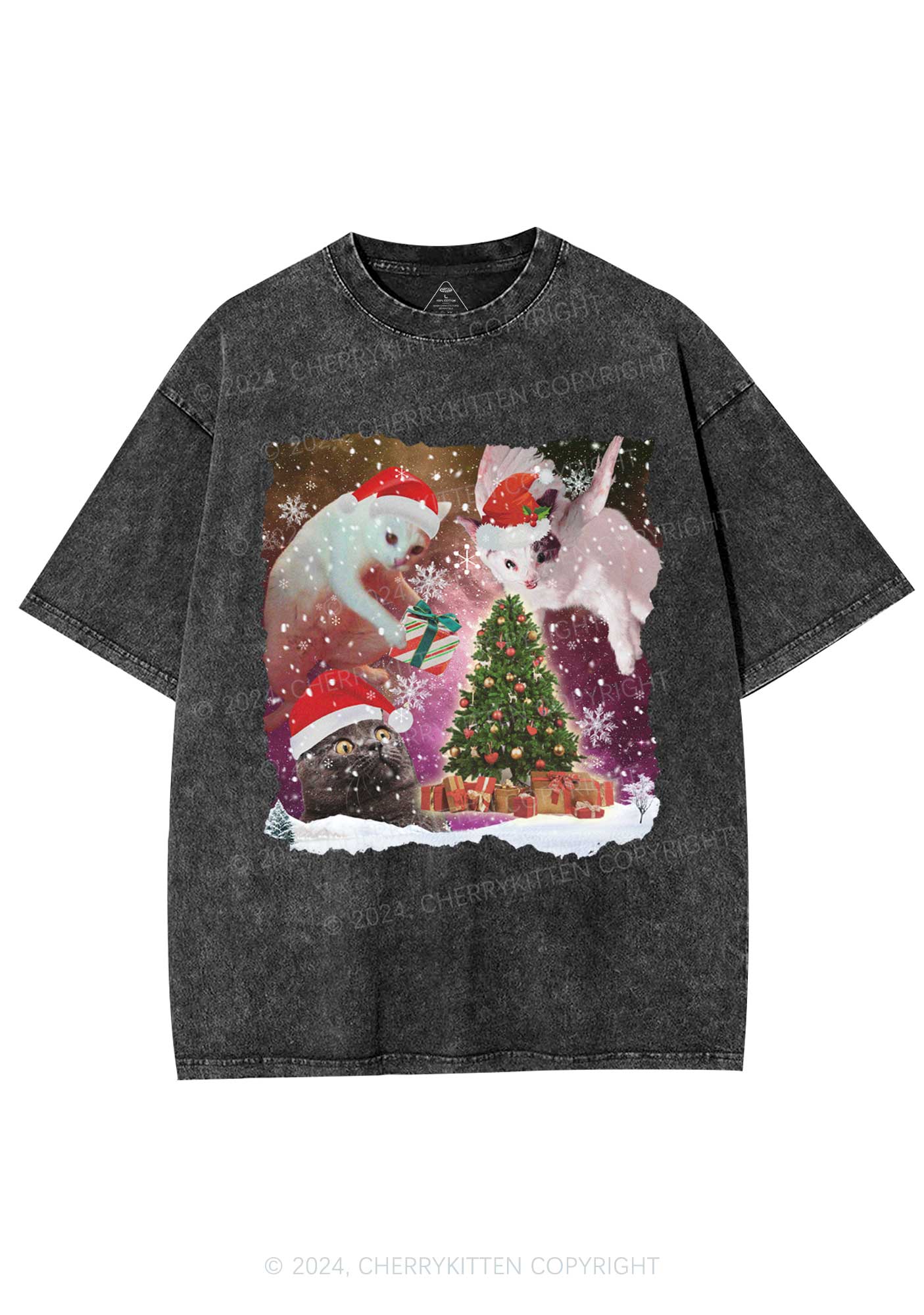 Christmas Cats Gift Y2K Washed Tee Cherrykitten - Image 4