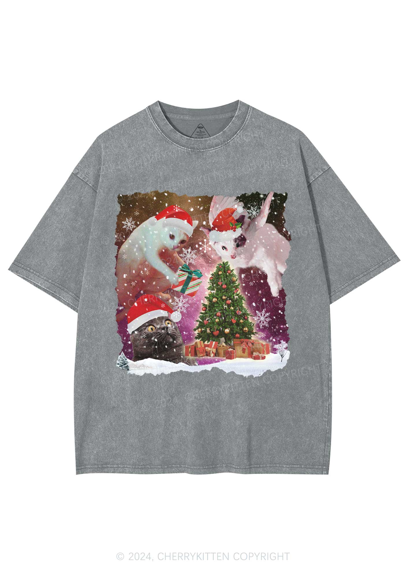 Christmas Cats Gift Y2K Washed Tee Cherrykitten - Image 7