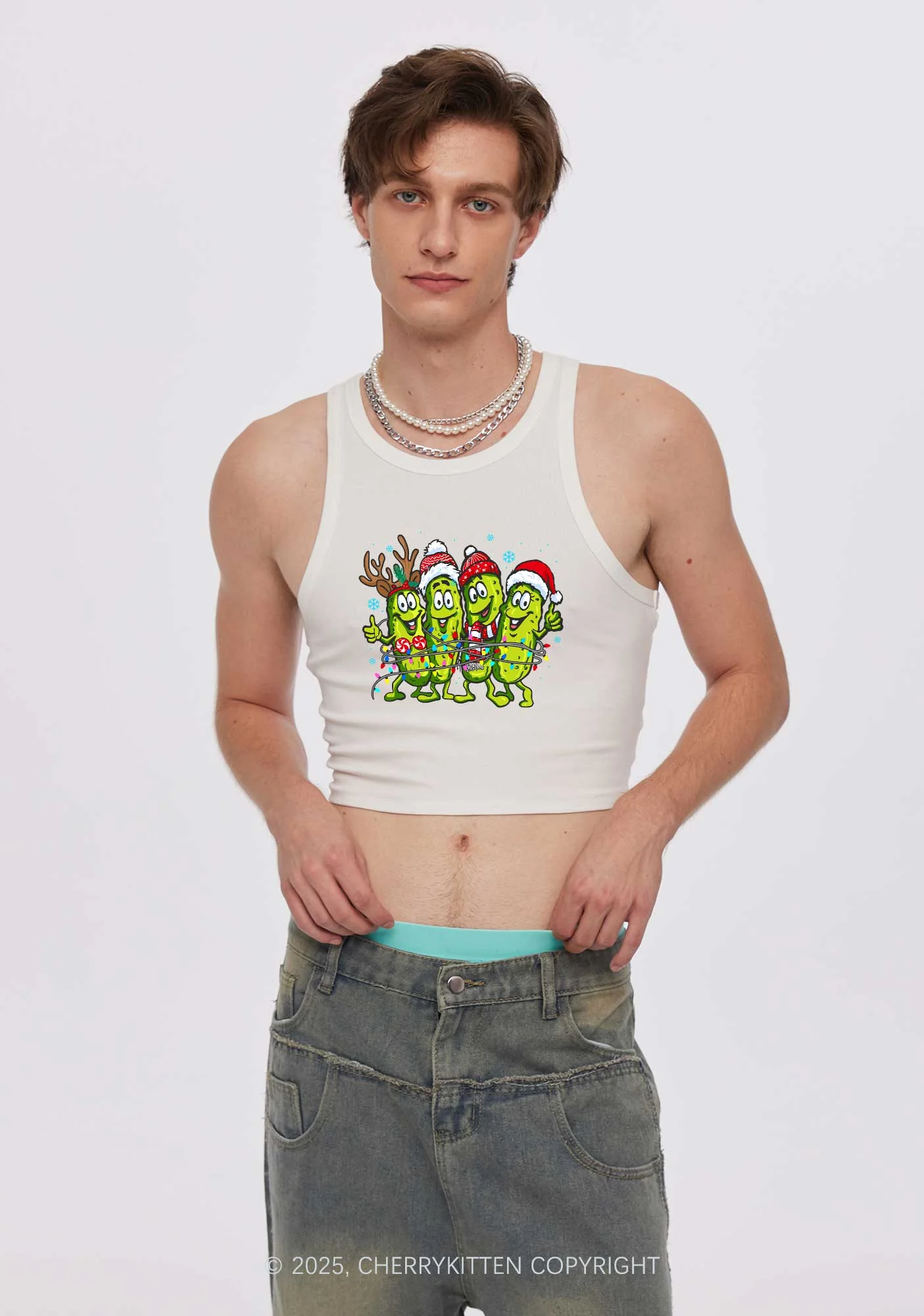 Christmas Cheerful Pickles Y2K Crop Tank Top Cherrykitten - Image 2