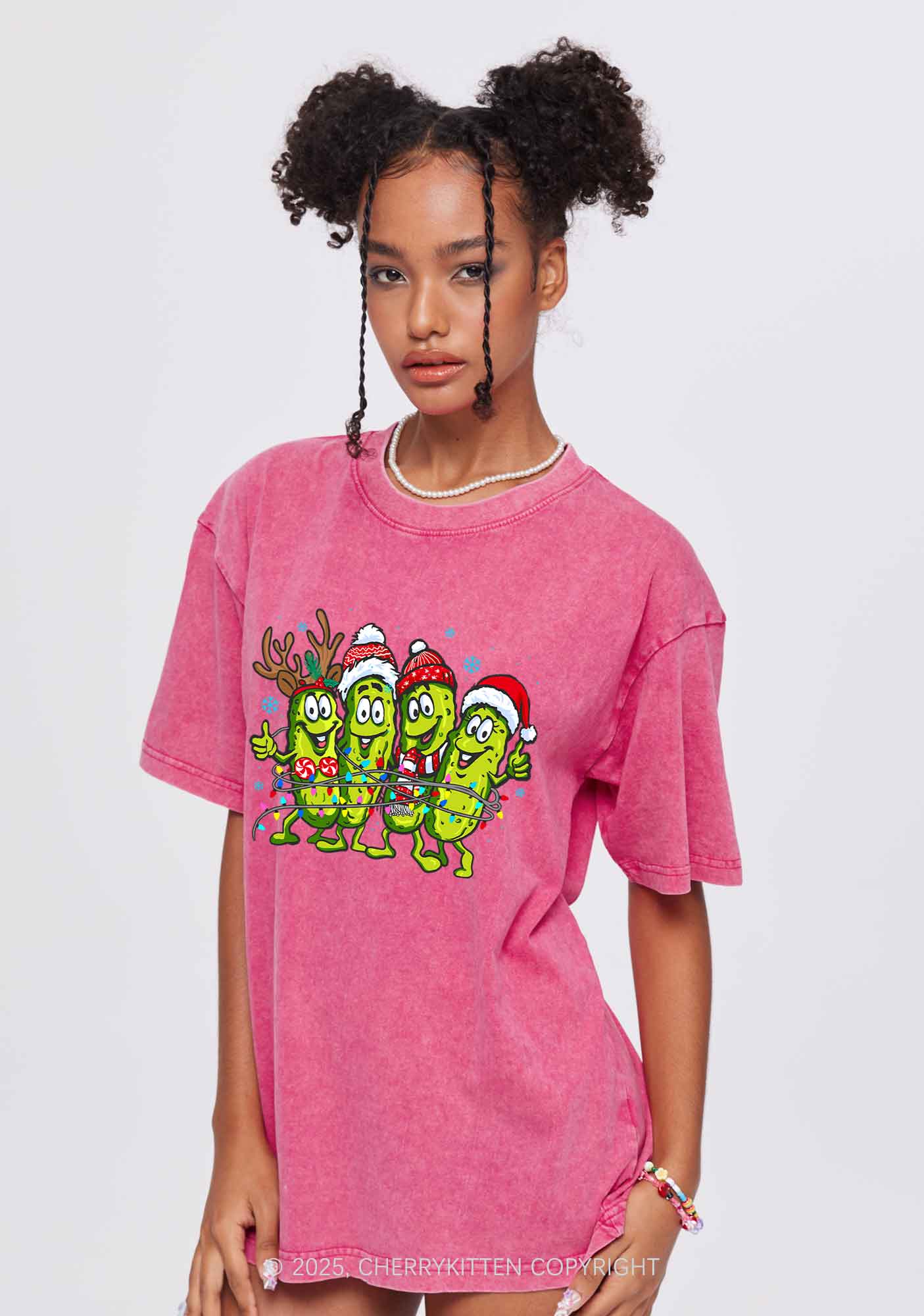 Christmas Cheerful Pickles Y2K Shirts Washed Tee Cherrykitten - Image 2