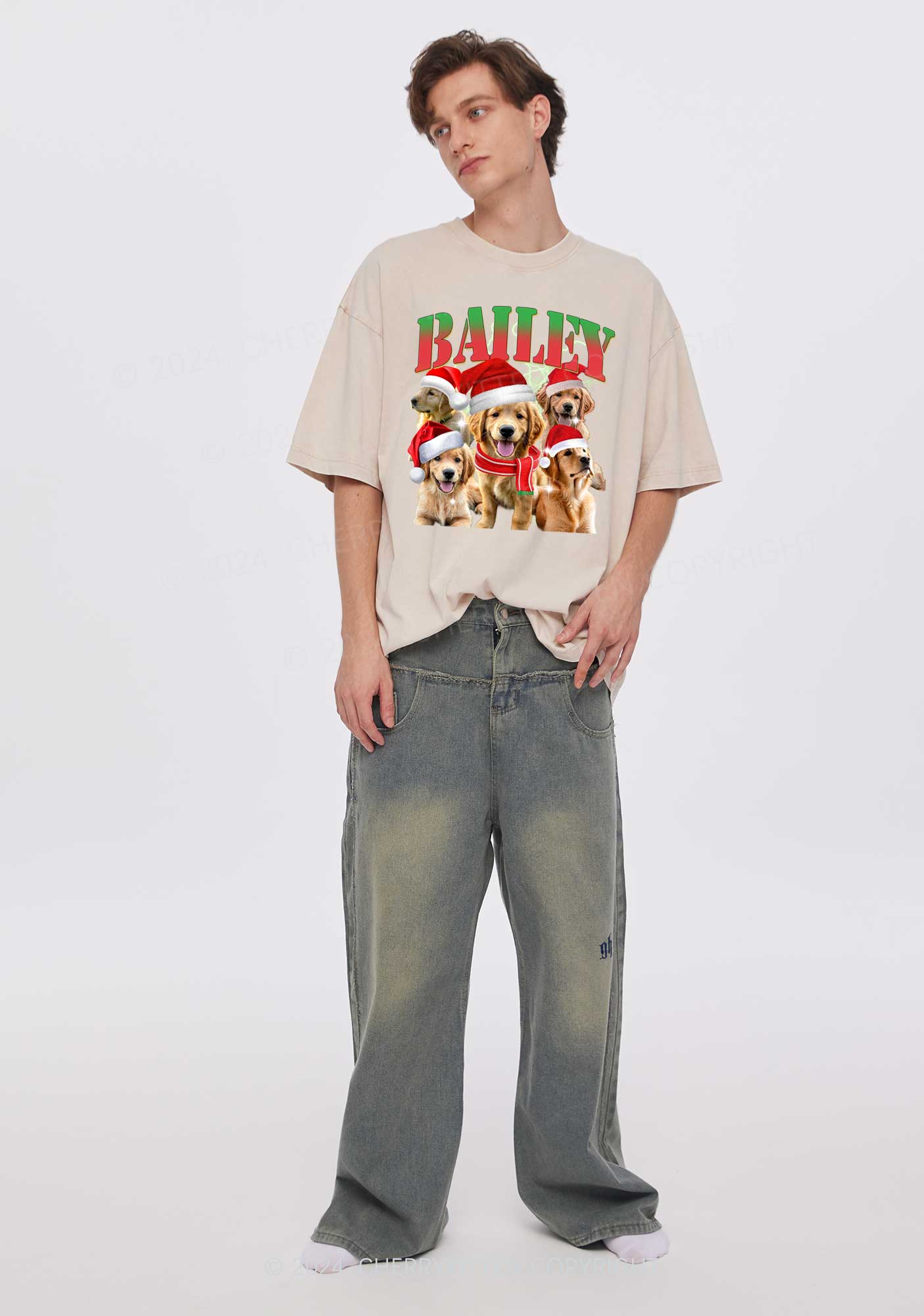 Christmas Custom Pet Photo Y2K Washed Tee Cherrykitten - Image 2
