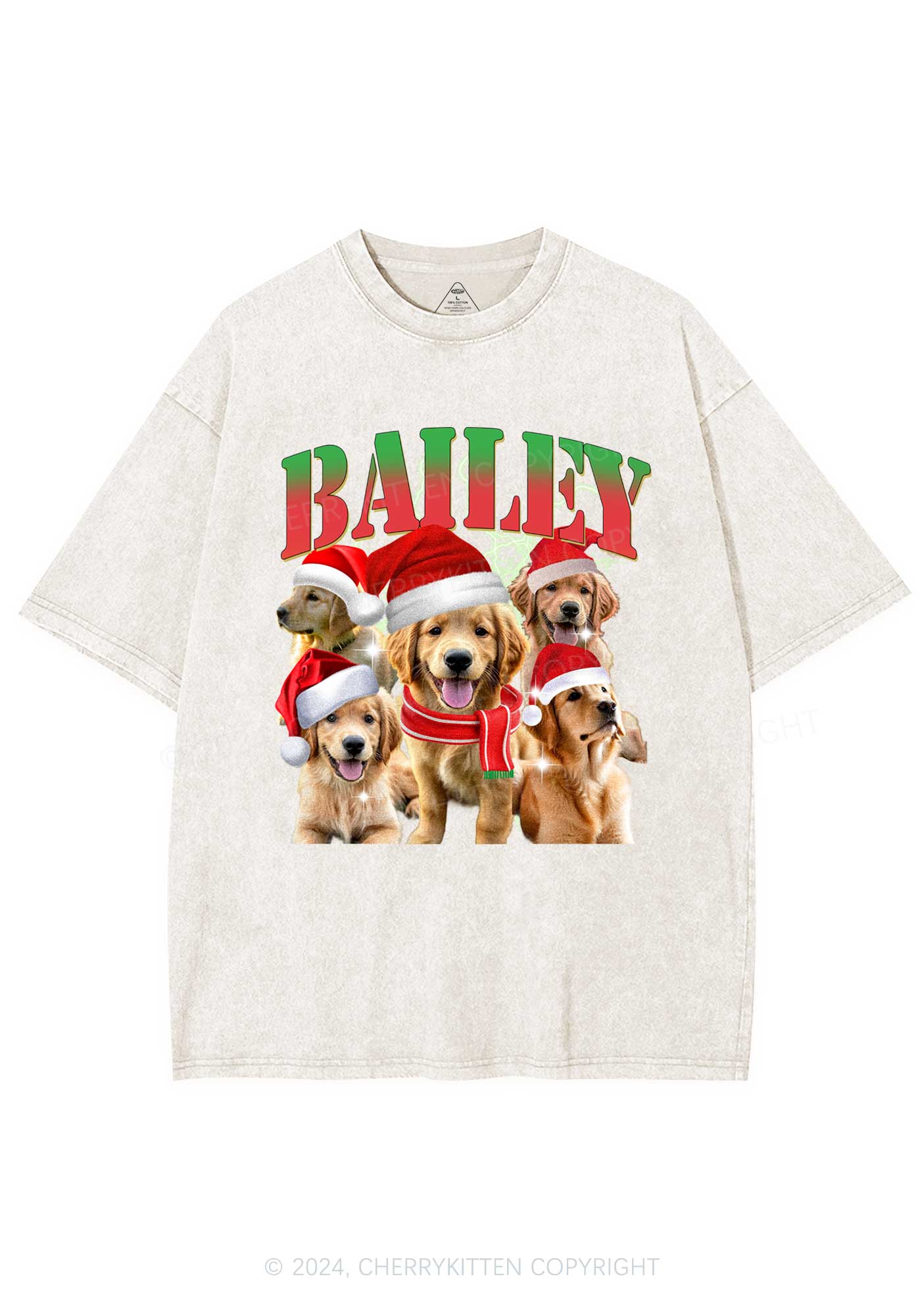 Christmas Custom Pet Photo Y2K Washed Tee Cherrykitten - Image 3