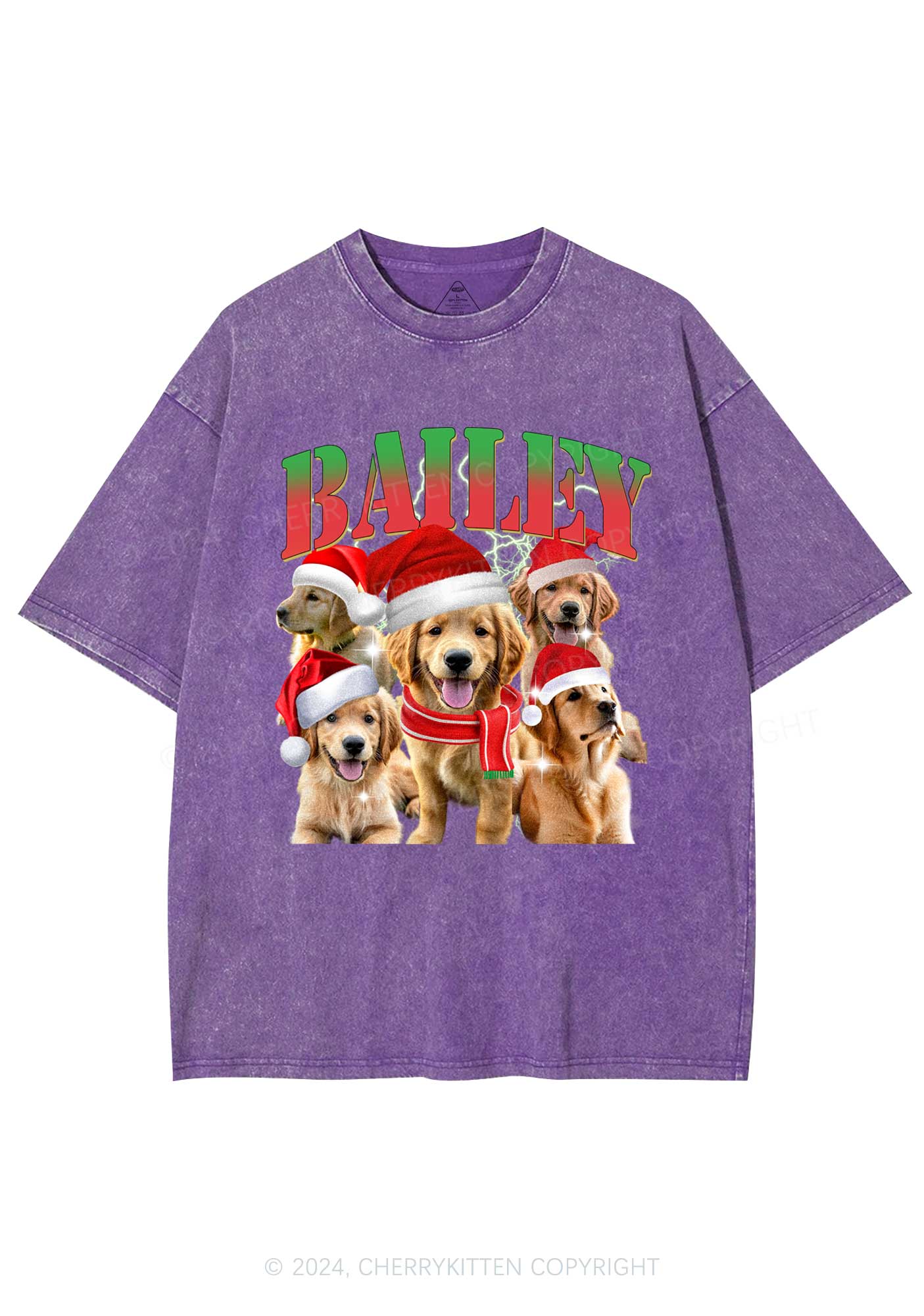 Christmas Custom Pet Photo Y2K Washed Tee Cherrykitten - Image 5