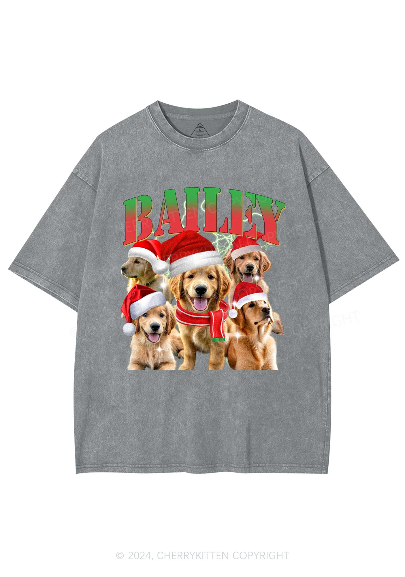 Christmas Custom Pet Photo Y2K Washed Tee Cherrykitten - Image 6