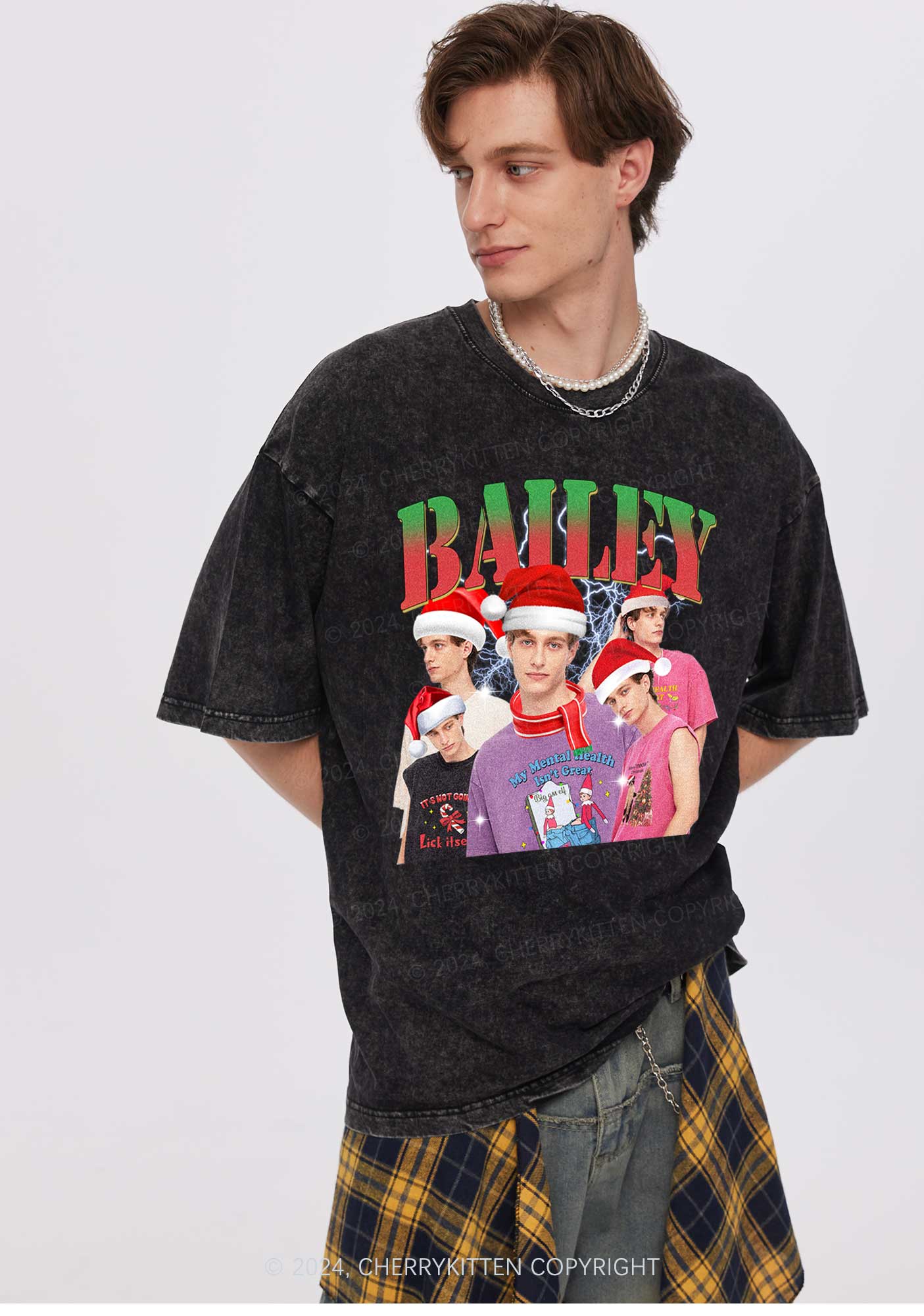 Christmas Custom Portrait Y2K Washed Tee Cherrykitten - Image 2