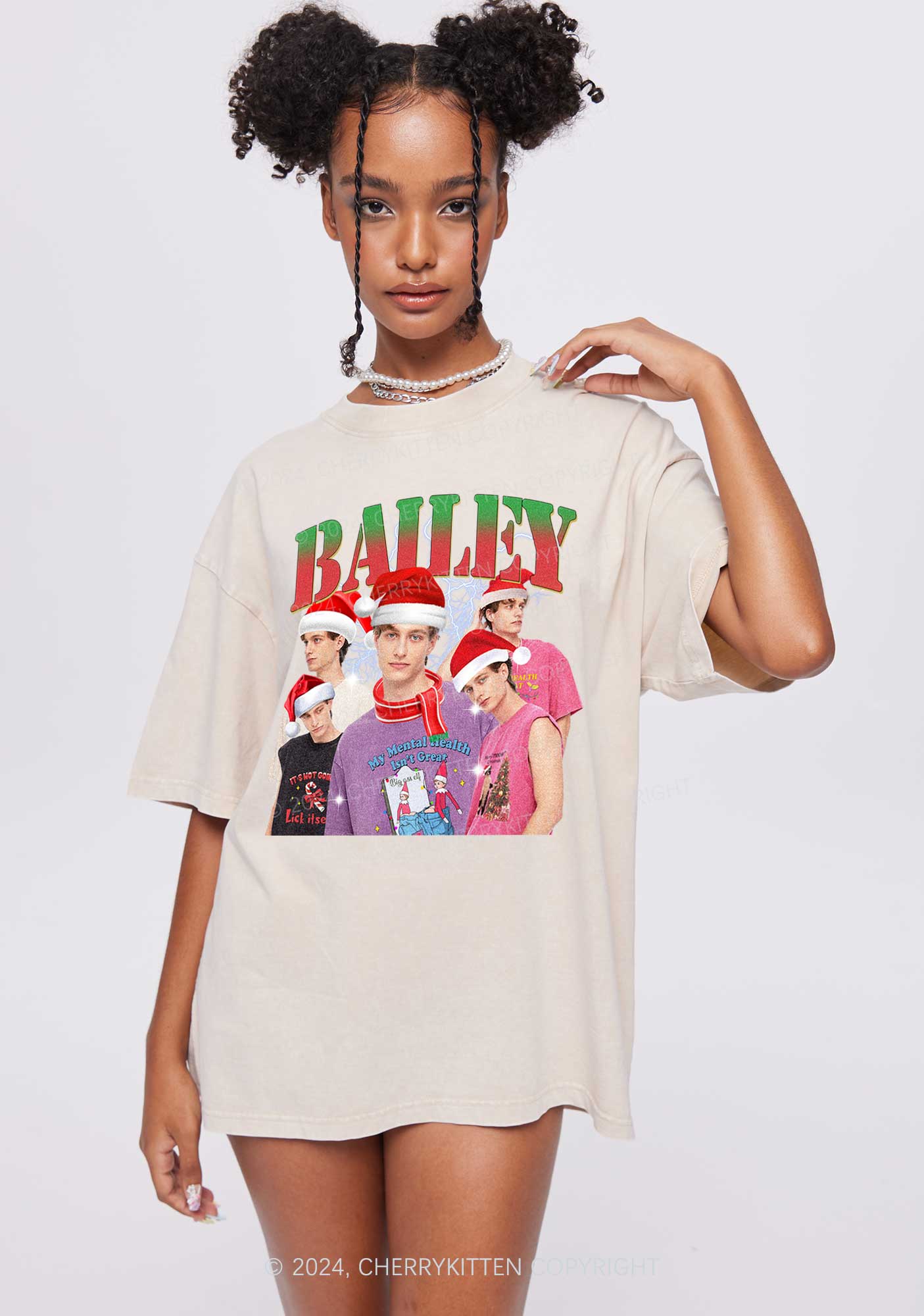 Christmas Custom Portrait Y2K Washed Tee Cherrykitten - Image 3